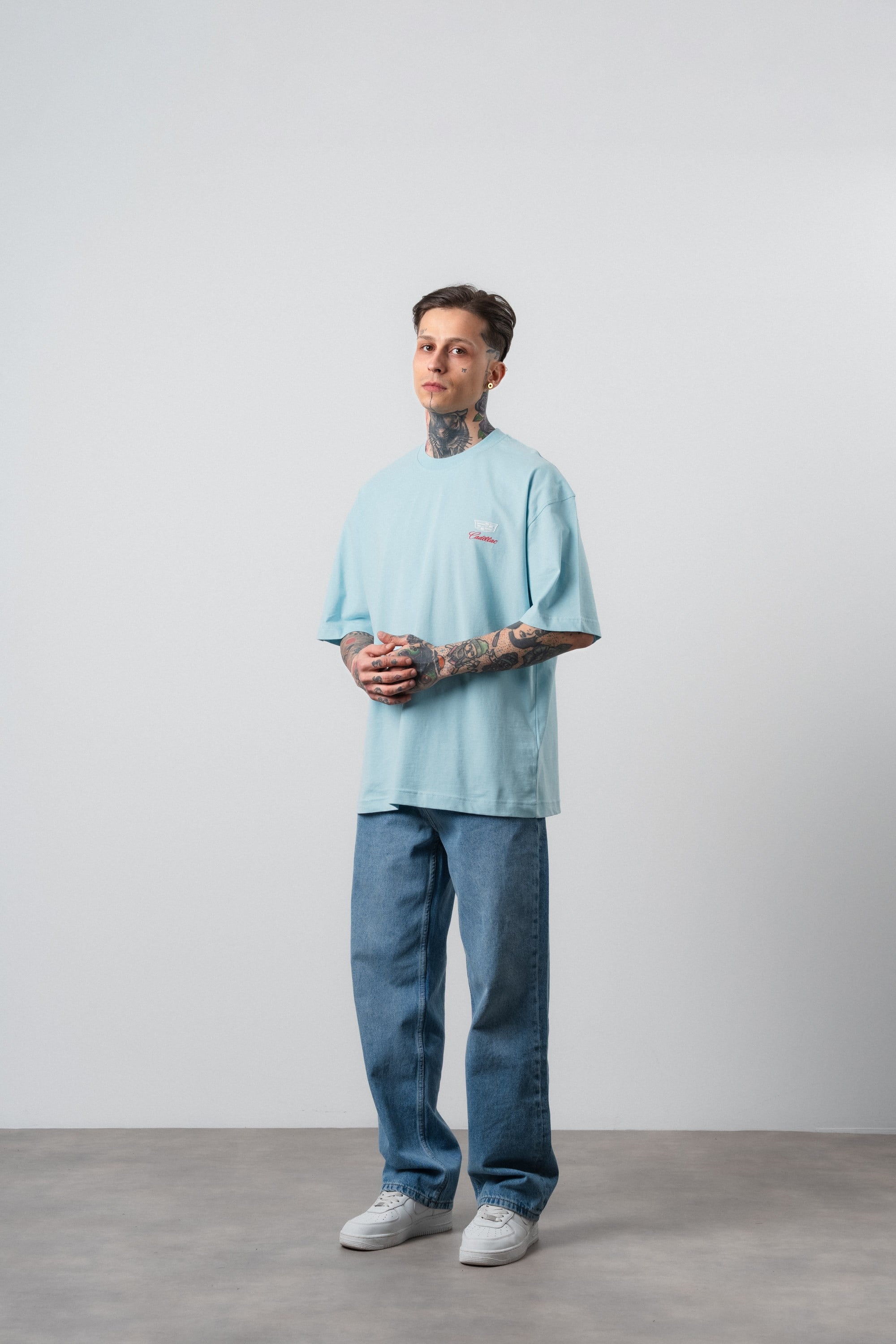 Erkek Cadillac Baskılı Oversize T-Shirt Bebe Mavi