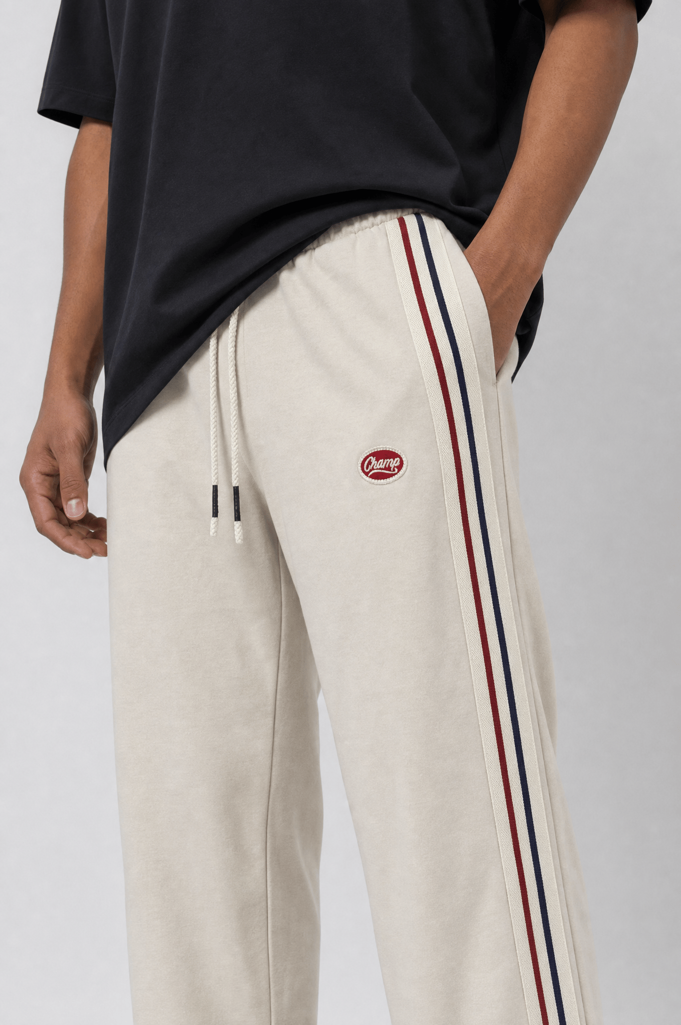Erkek Champ Şerit Detaylı Baggy Eşofman Altı Bej