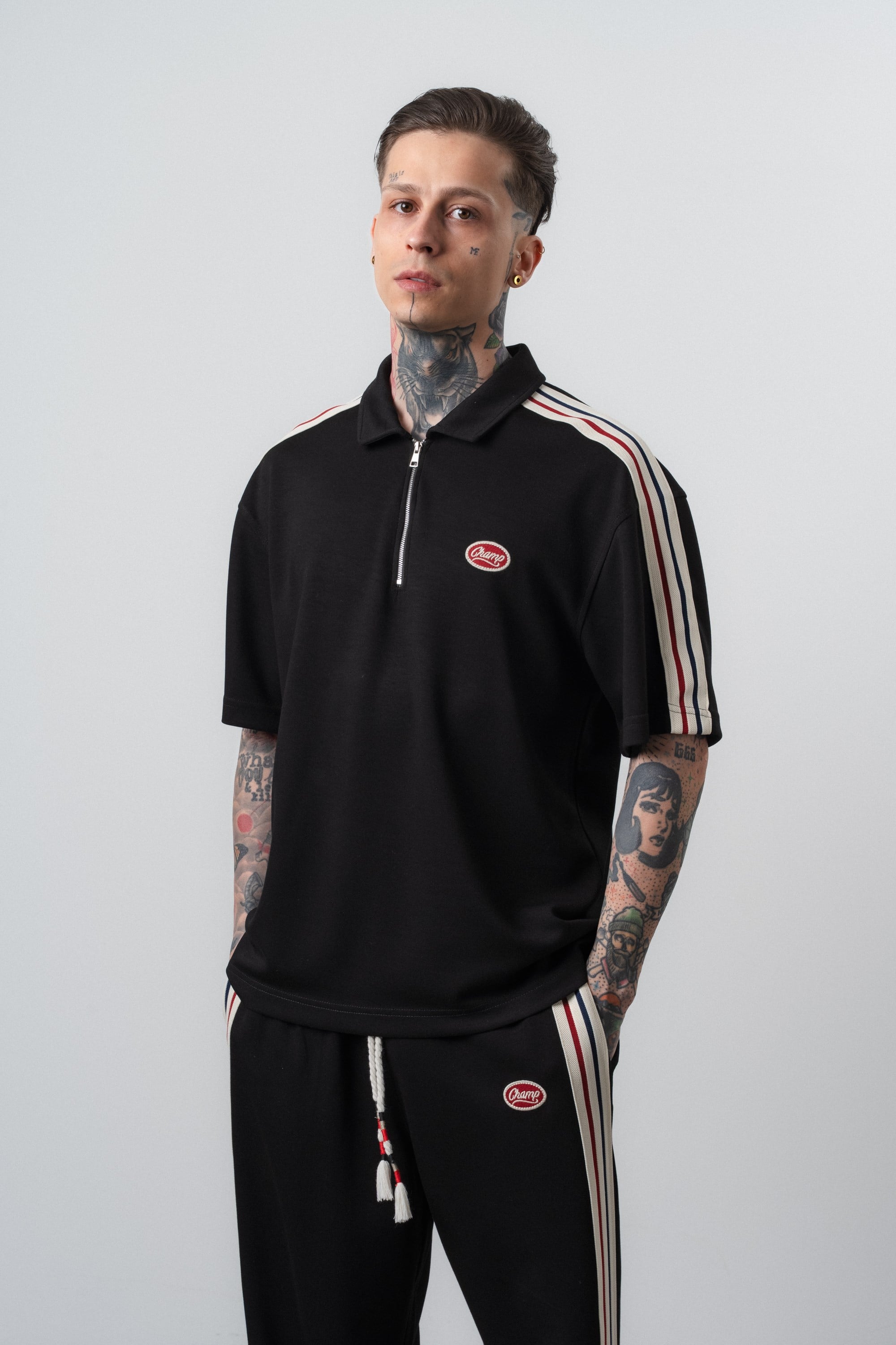 Erkek Champ Şerit Detaylı Regular Fit T-Shirt Siyah