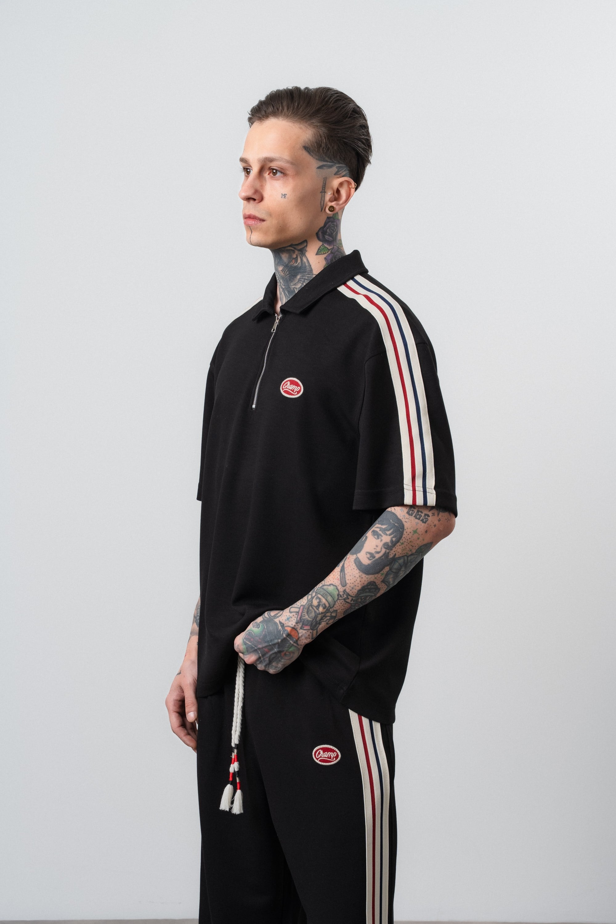 Erkek Champ Şerit Detaylı Regular Fit T-Shirt Siyah
