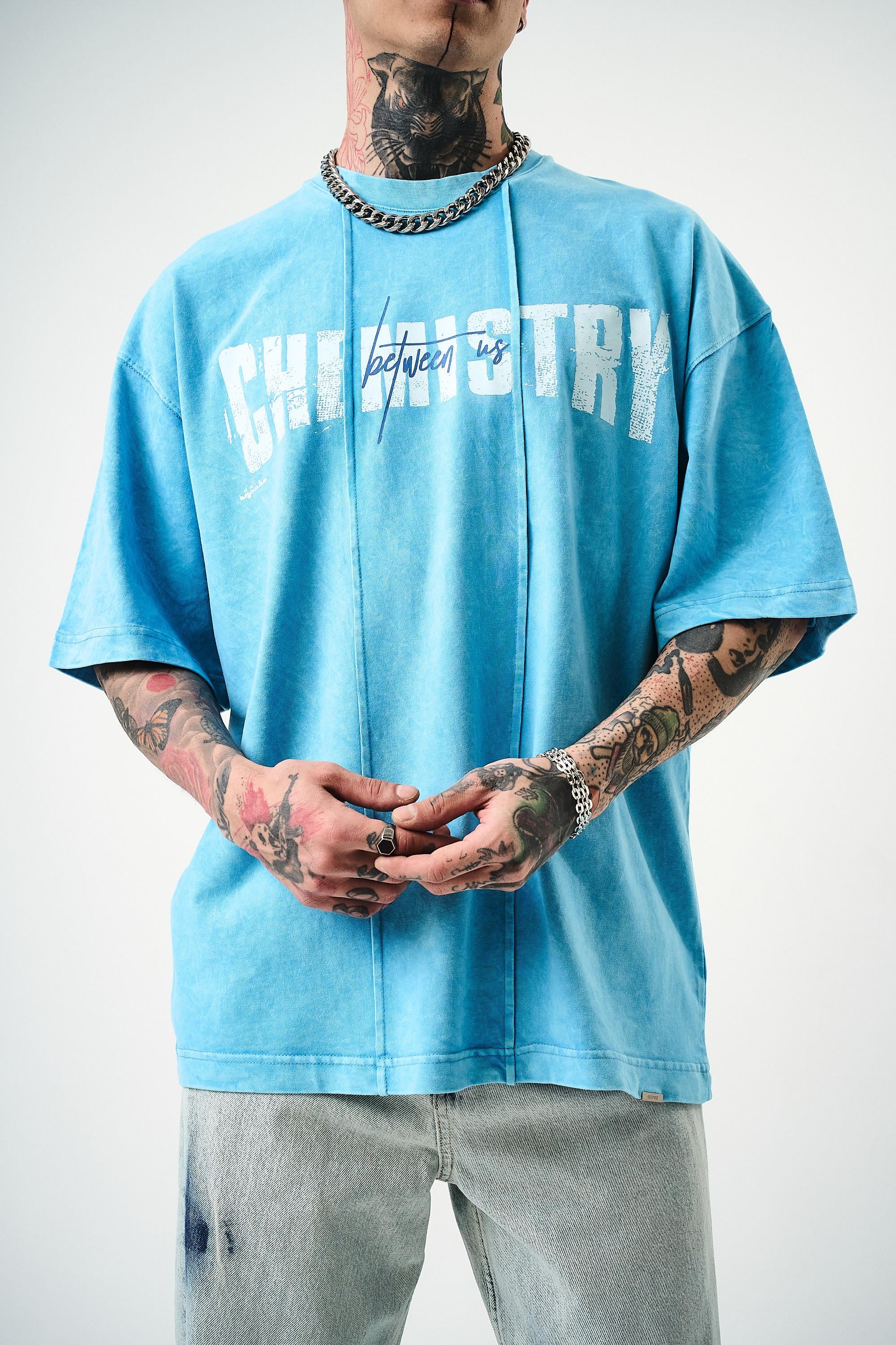 Erkek Chemistry Baskılı Yıkamalı Oversize T-Shirt Mavi