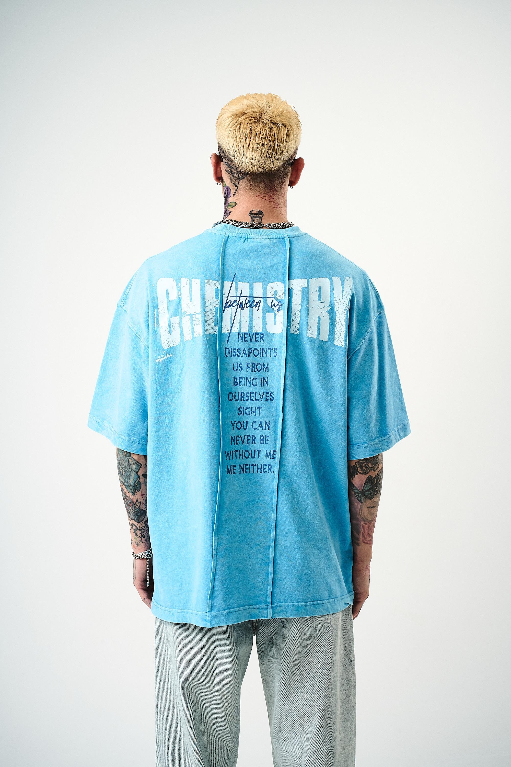 Erkek Chemistry Baskılı Yıkamalı Oversize T-Shirt Mavi
