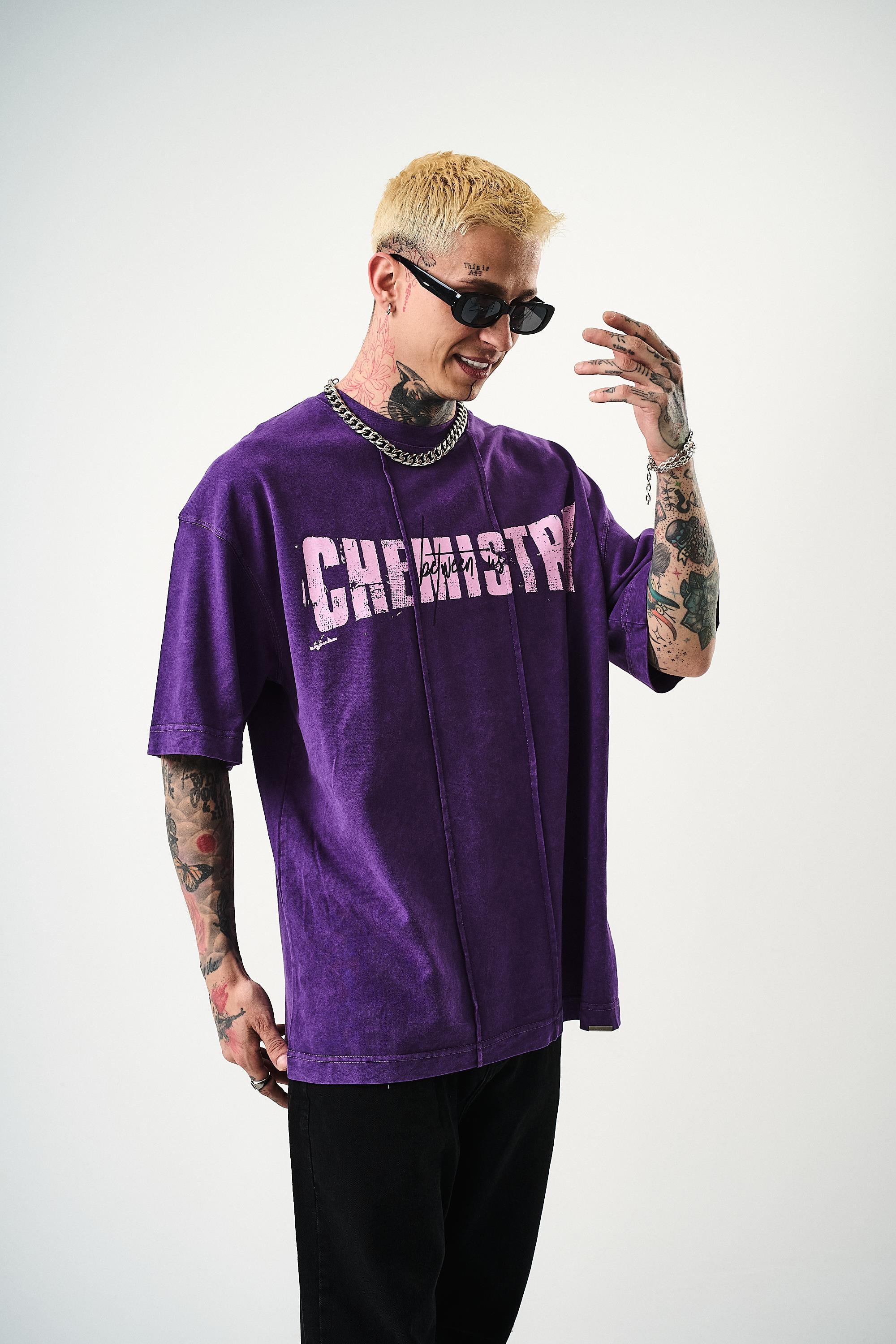 Erkek Chemistry Baskılı Yıkamalı Oversize T-Shirt Mor