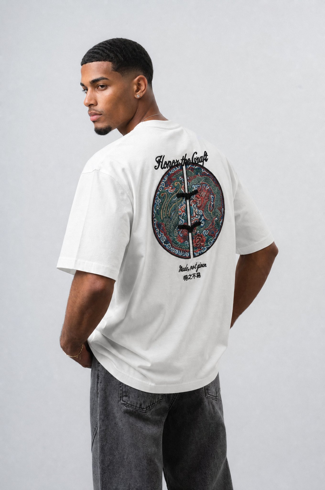 Erkek Craft Nakış Detaylı Oversize T-Shirt Ekru