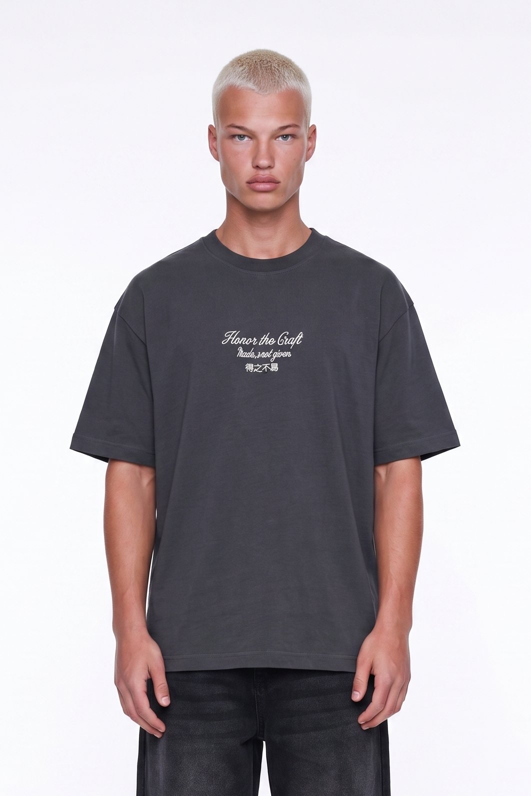 Erkek Craft Nakış Detaylı Oversize T-Shirt Füme