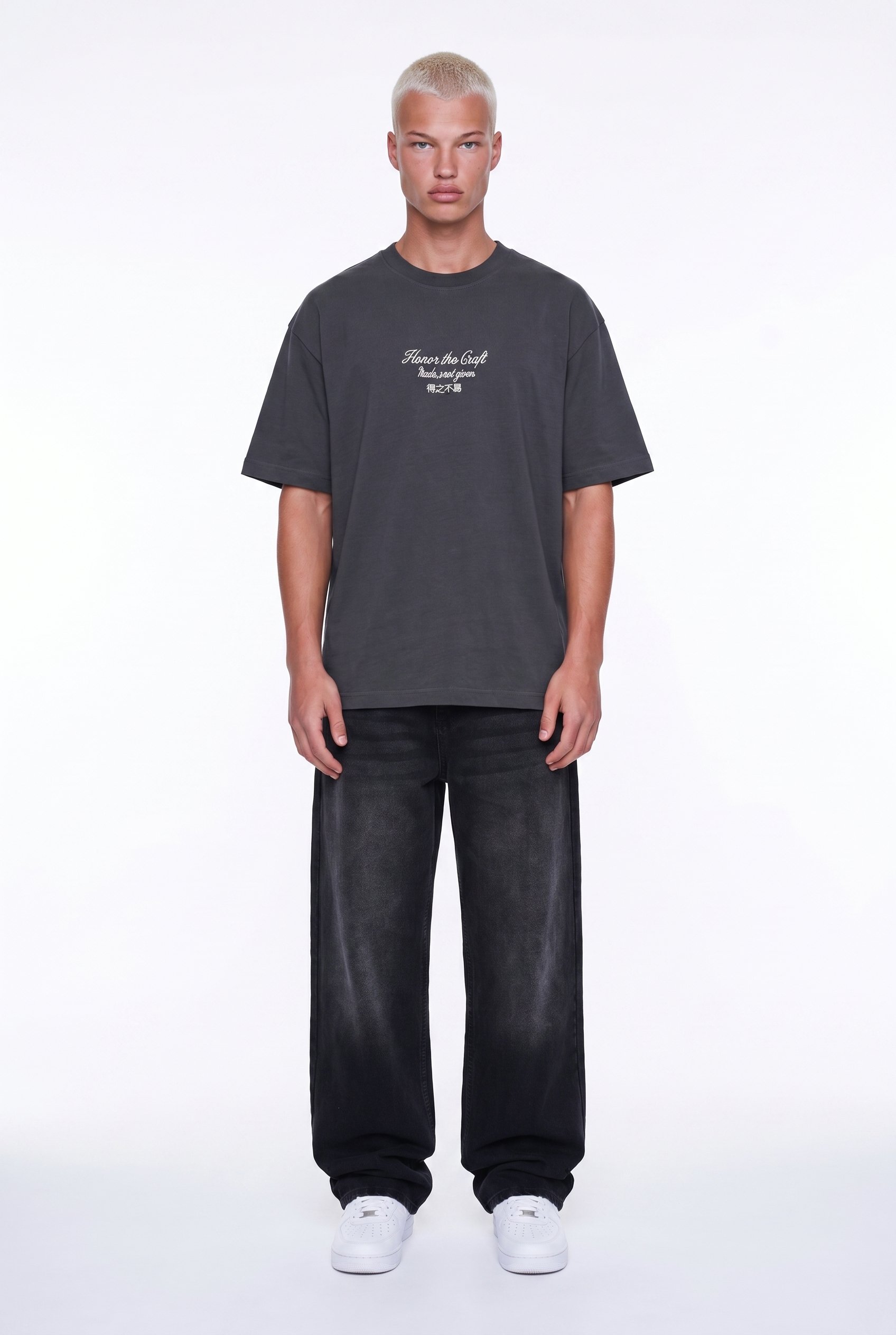 Erkek Craft Nakış Detaylı Oversize T-Shirt Füme