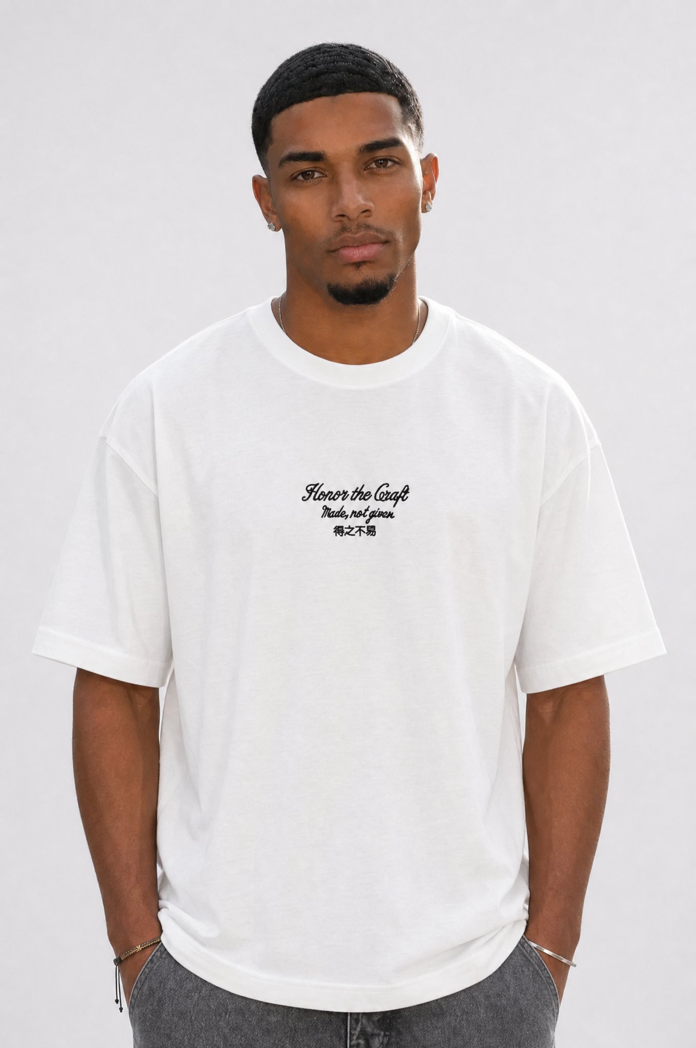 Erkek Craft Nakış Detaylı Oversize T-Shirt Ekru