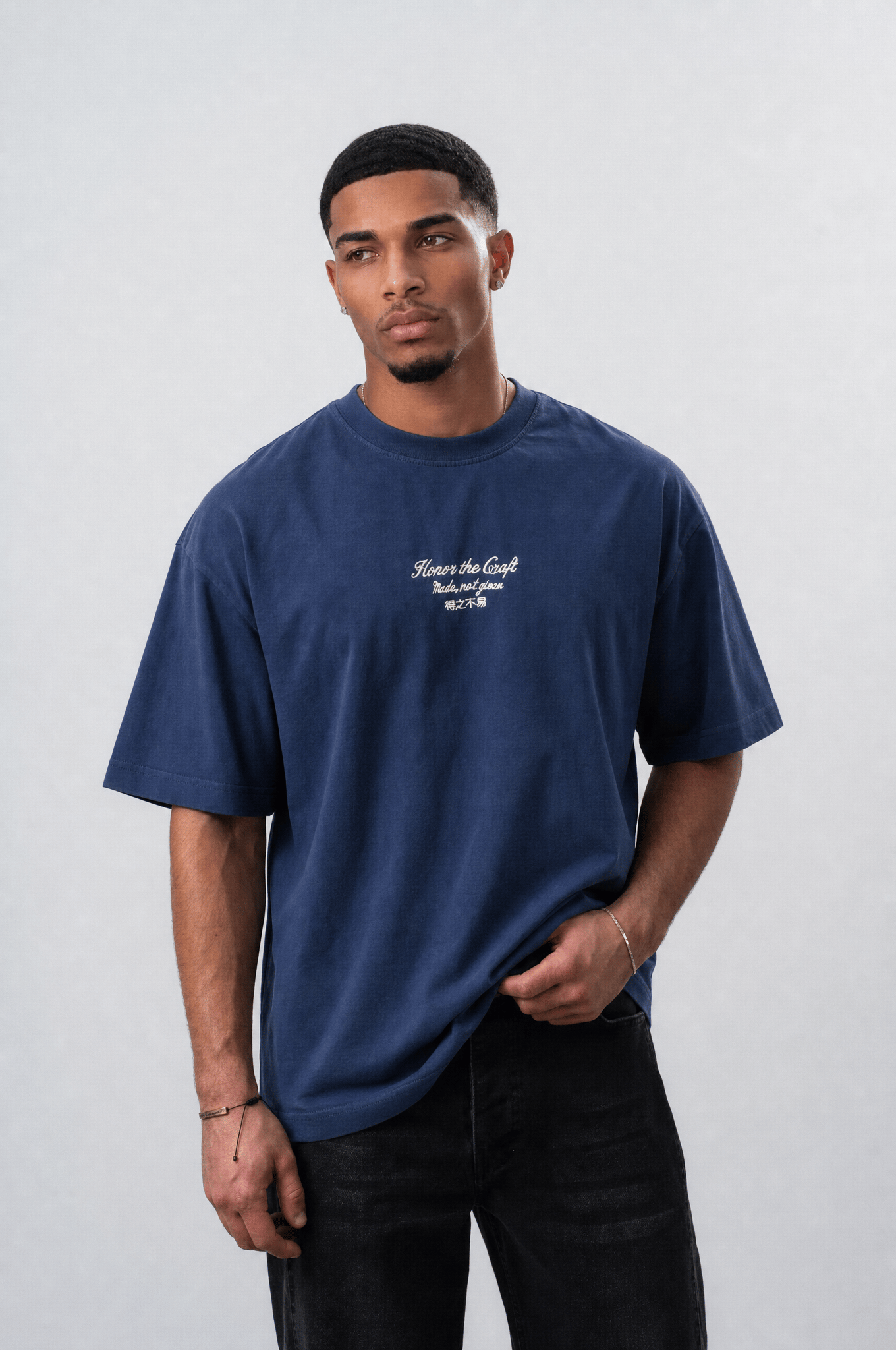 Erkek Craft Nakış Detaylı Oversize T-Shirt Lacivert