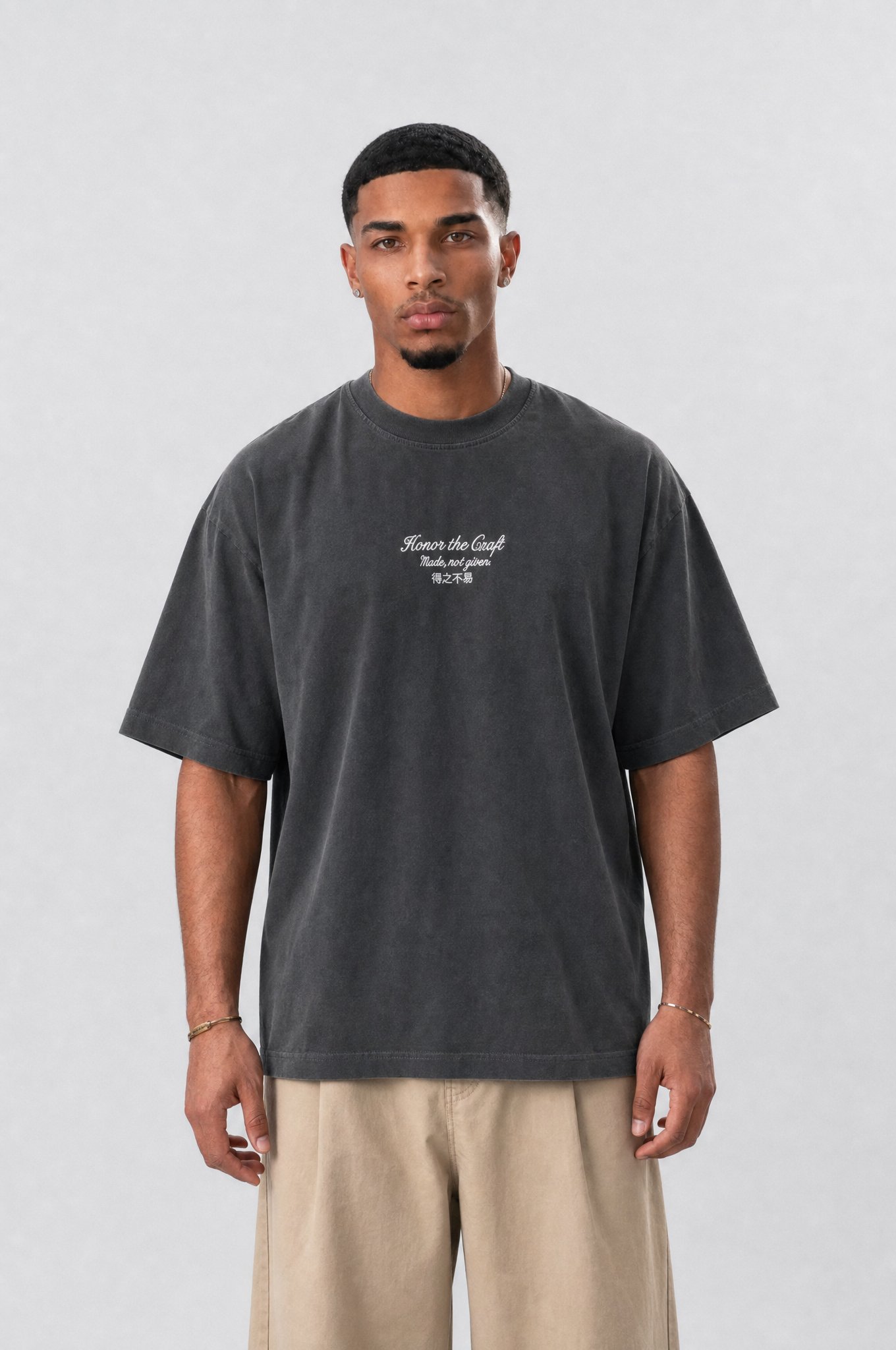 Erkek Craft Nakış Detaylı Oversize T-Shirt Füme