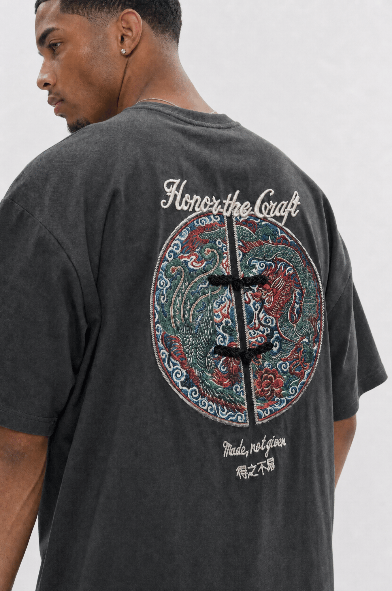 Erkek Craft Nakış Detaylı Oversize T-Shirt Füme