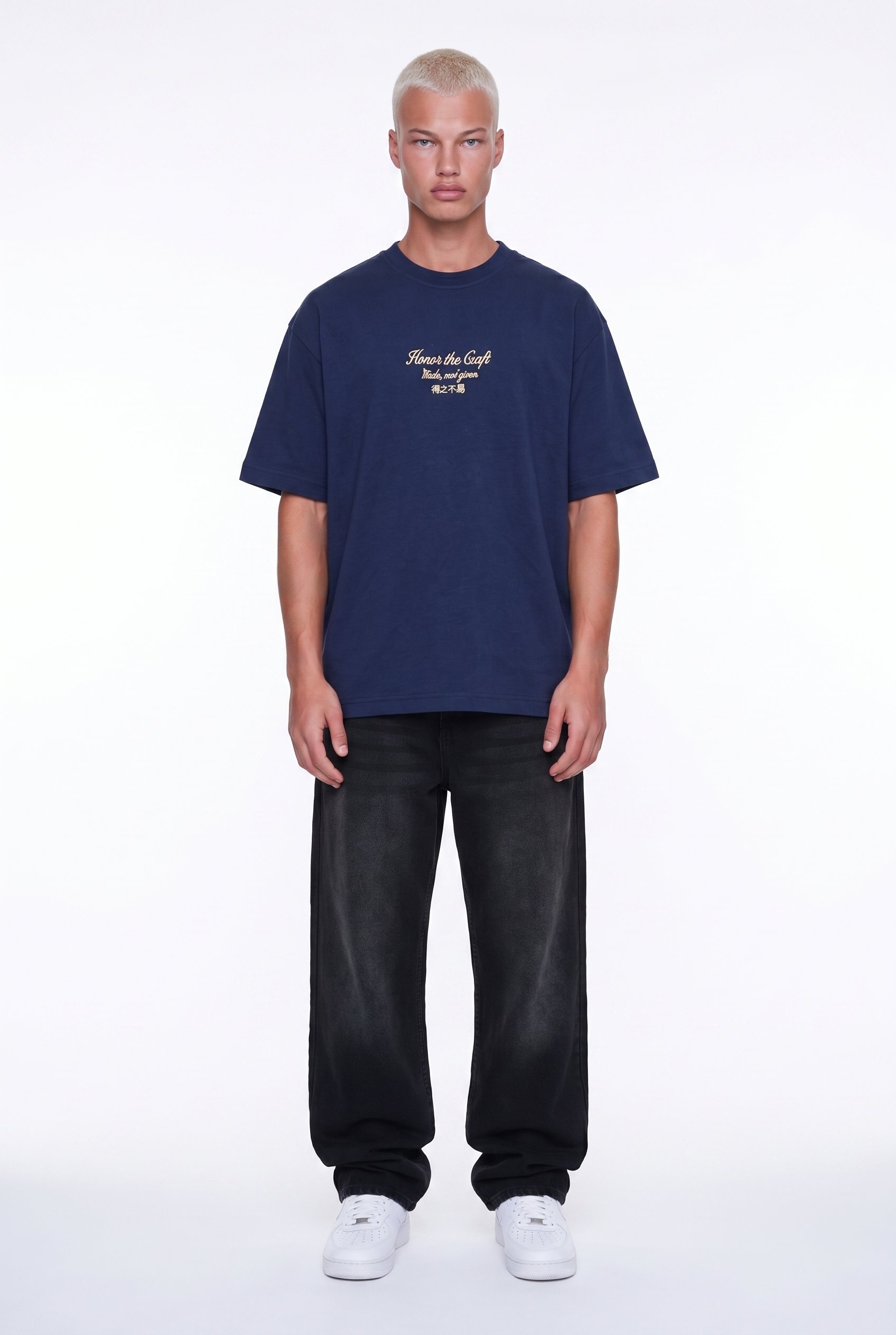 Erkek Craft Nakış Detaylı Oversize T-Shirt Lacivert
