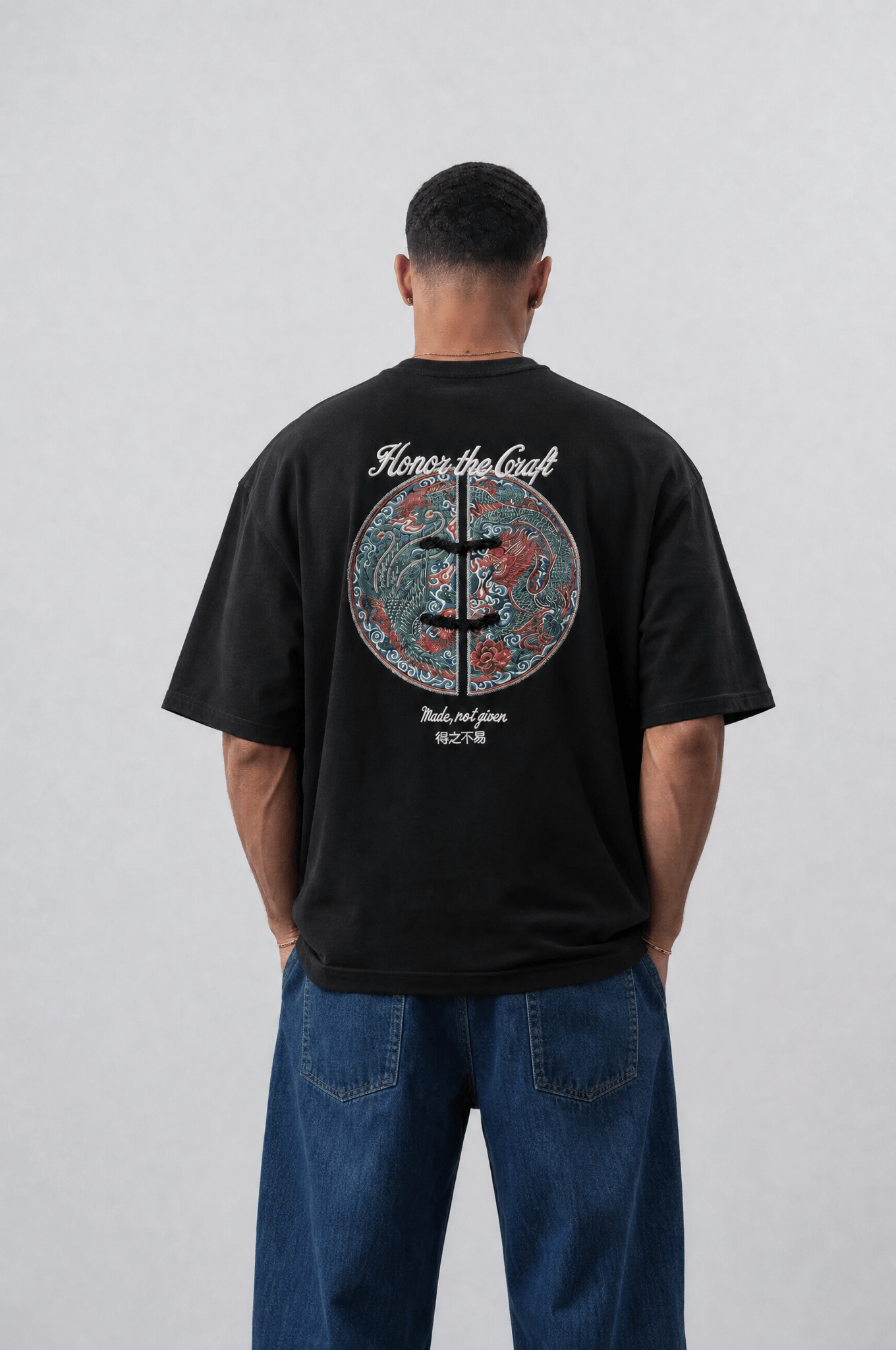 Erkek Craft Nakış Detaylı Oversize T-Shirt Siyah