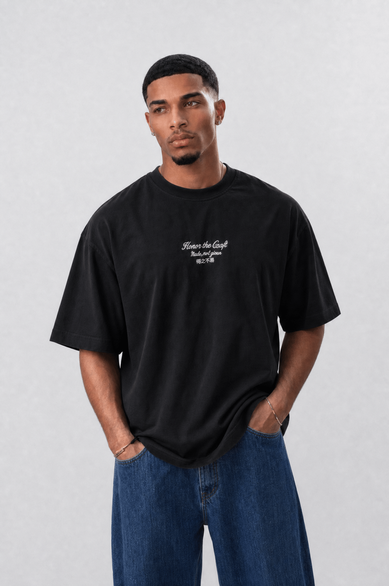 Erkek Craft Nakış Detaylı Oversize T-Shirt Siyah