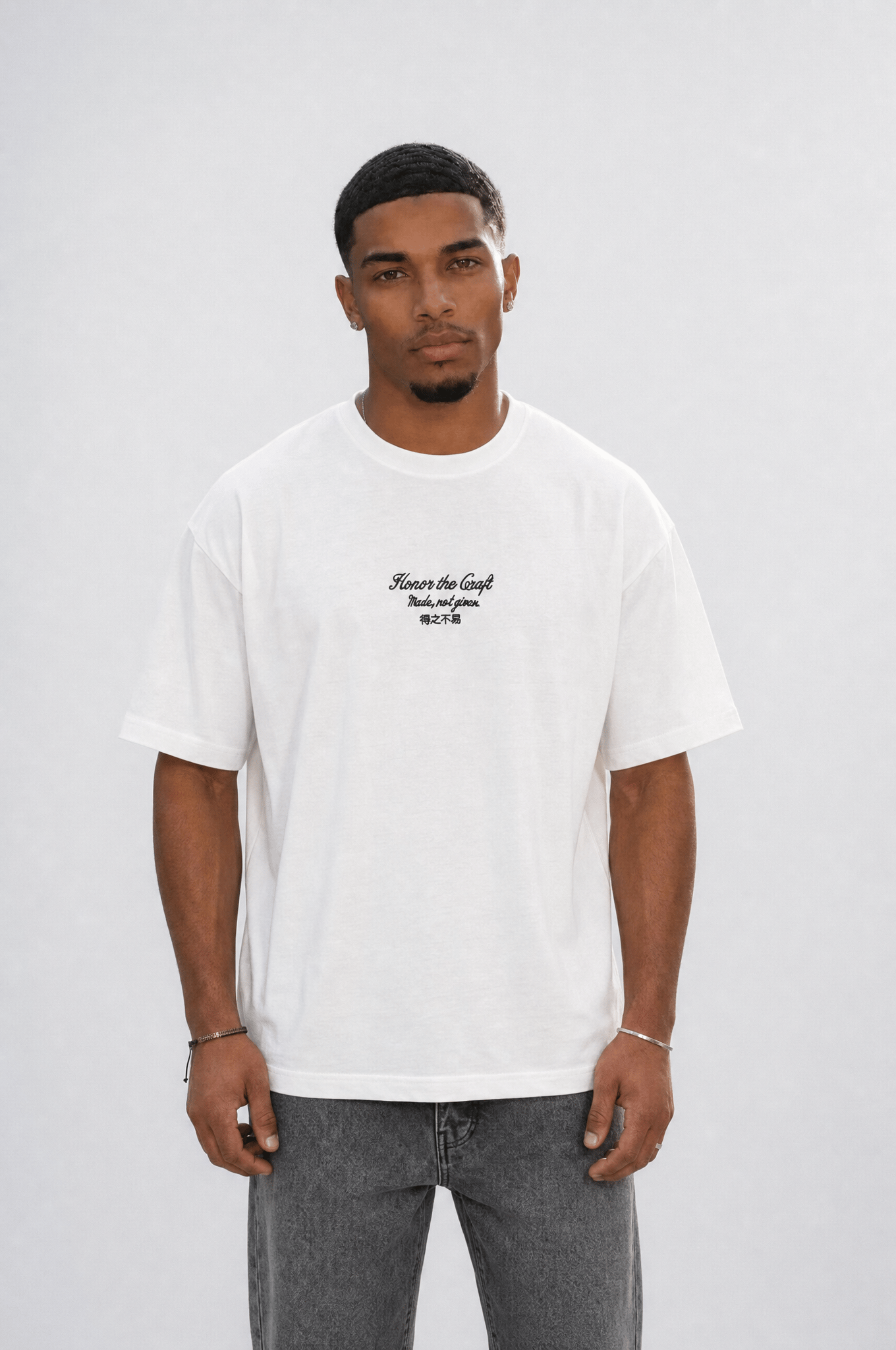 Erkek Craft Nakış Detaylı Oversize T-Shirt Ekru