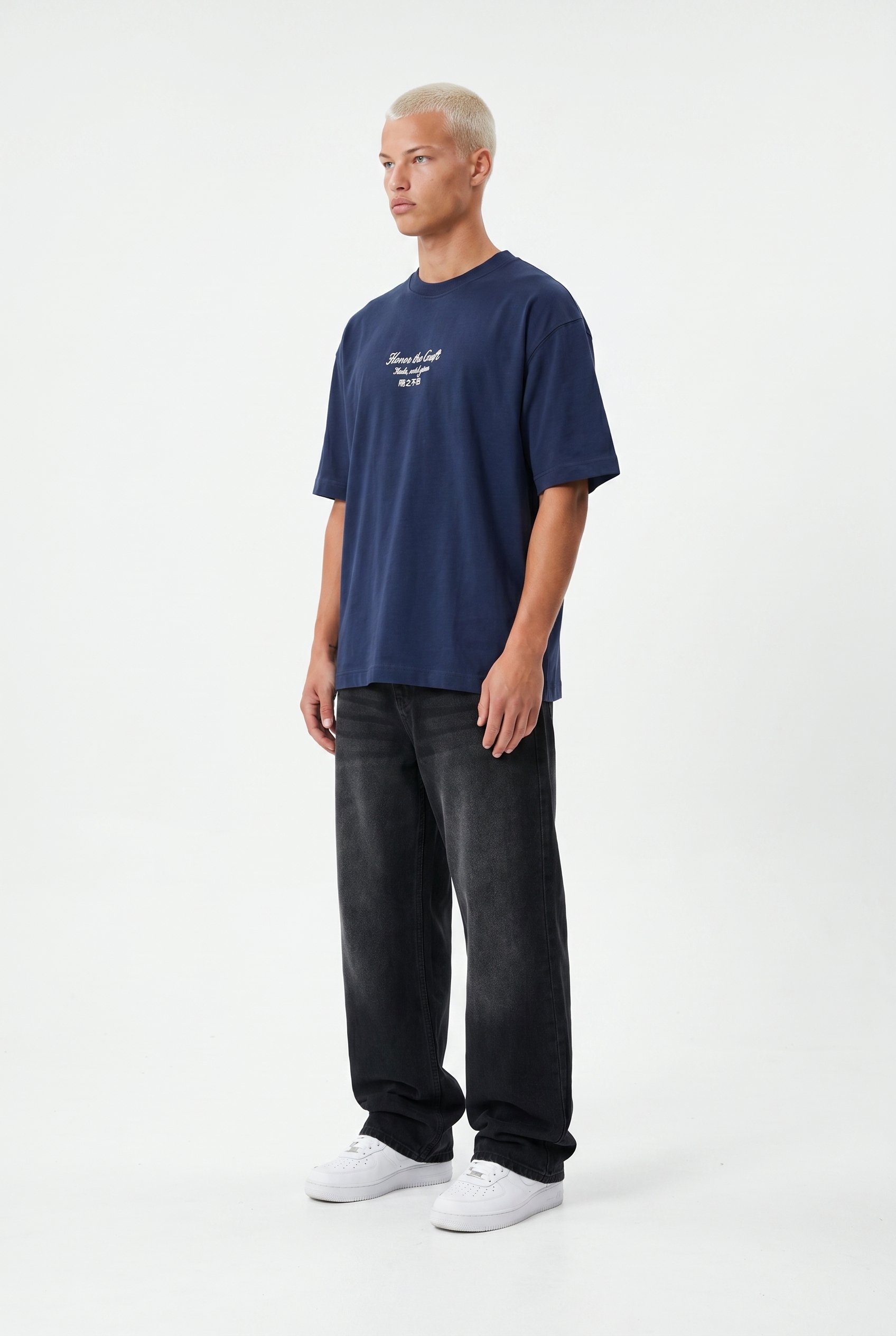 Erkek Craft Nakış Detaylı Oversize T-Shirt Lacivert