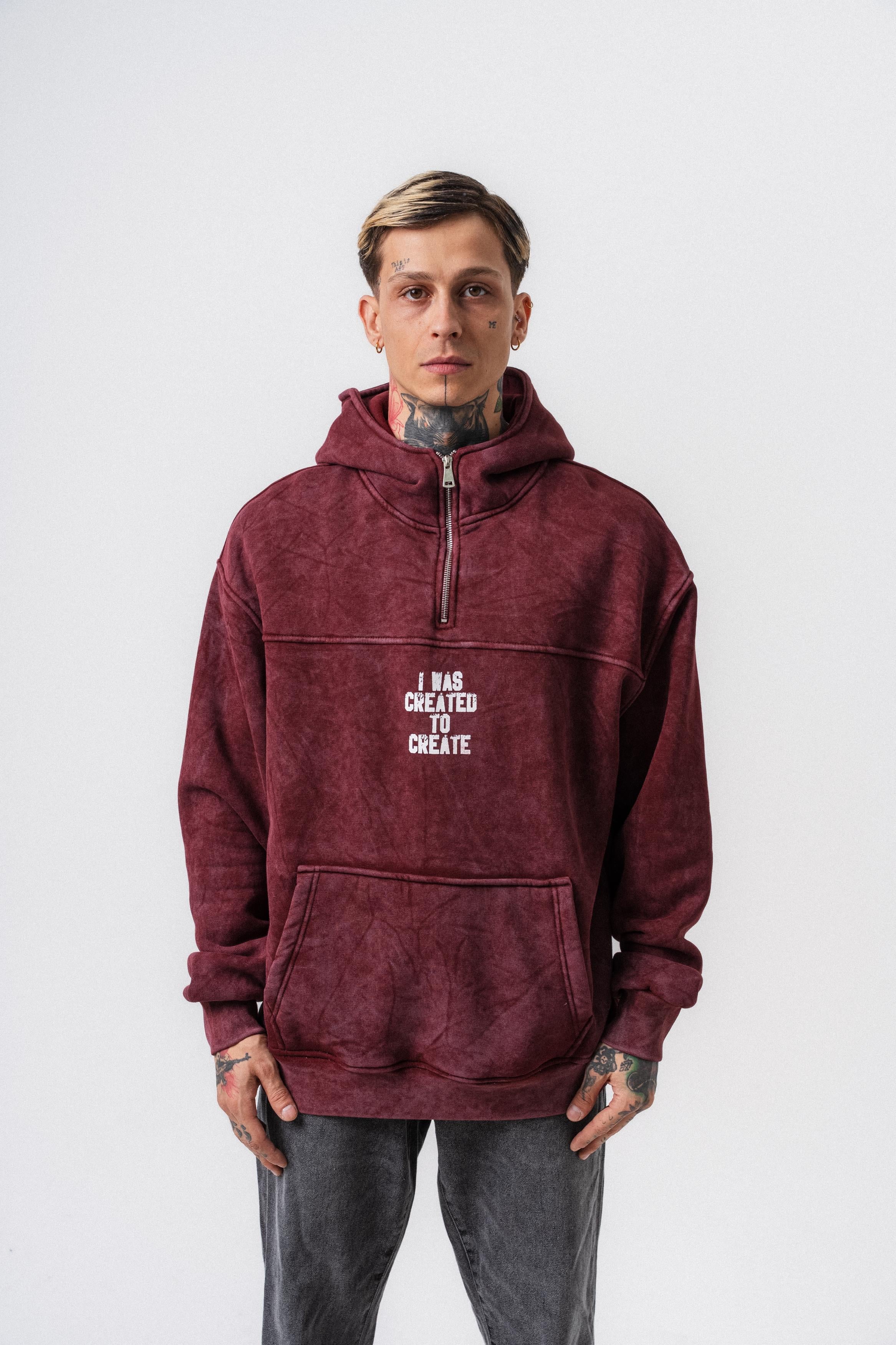 Erkek Create Baskılı Kapüşonlu Oversize Hoodie Bordo