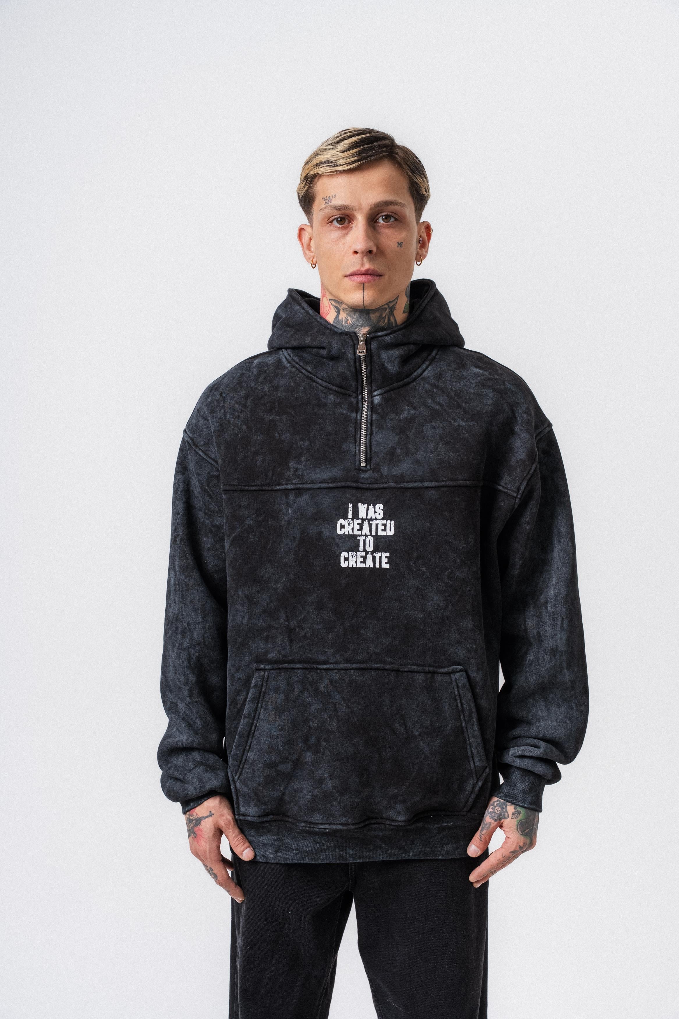 Erkek Create Baskılı Kapüşonlu Oversize Hoodie Siyah
