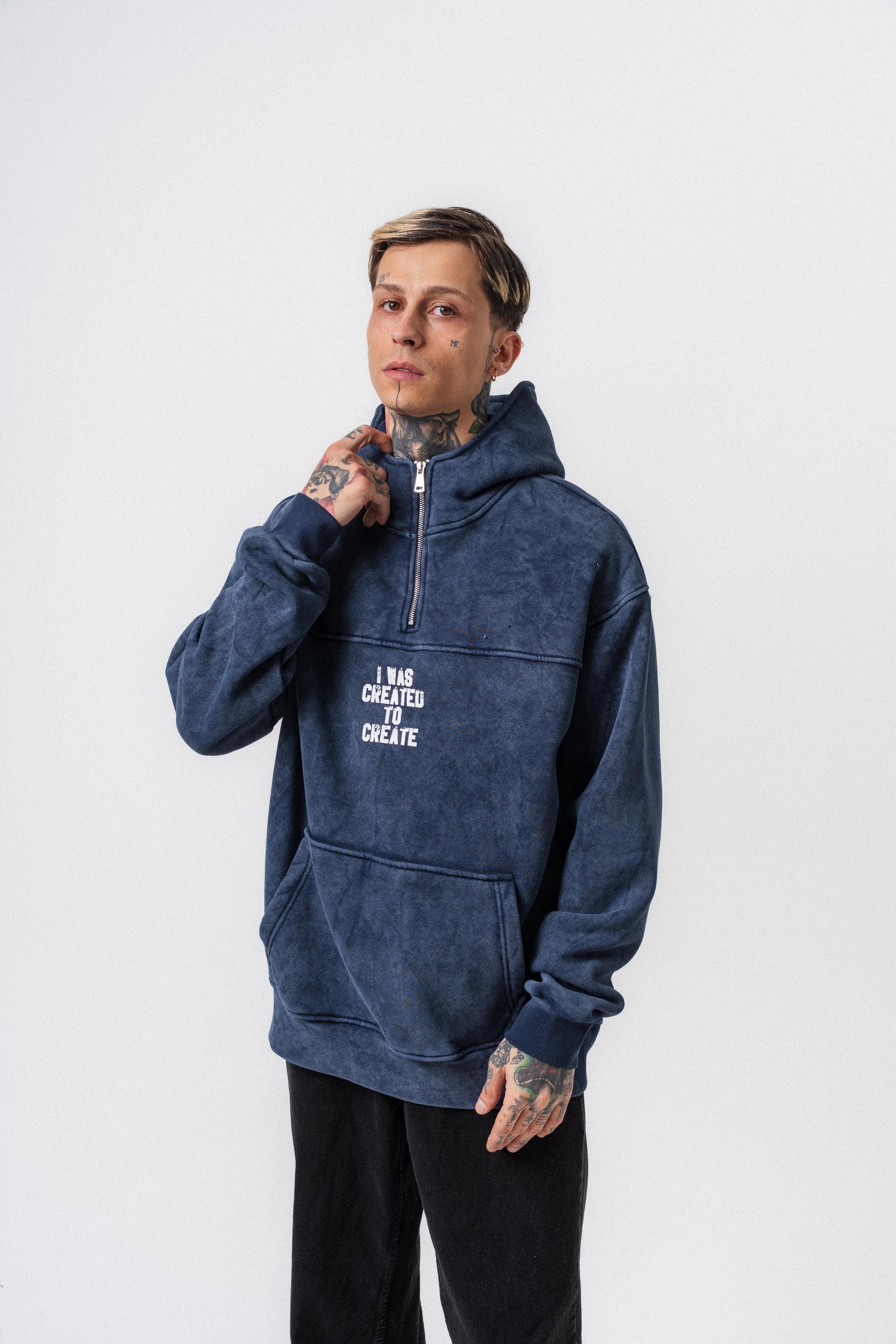 Erkek Create Baskılı Kapüşonlu Oversize Hoodie Lacivert