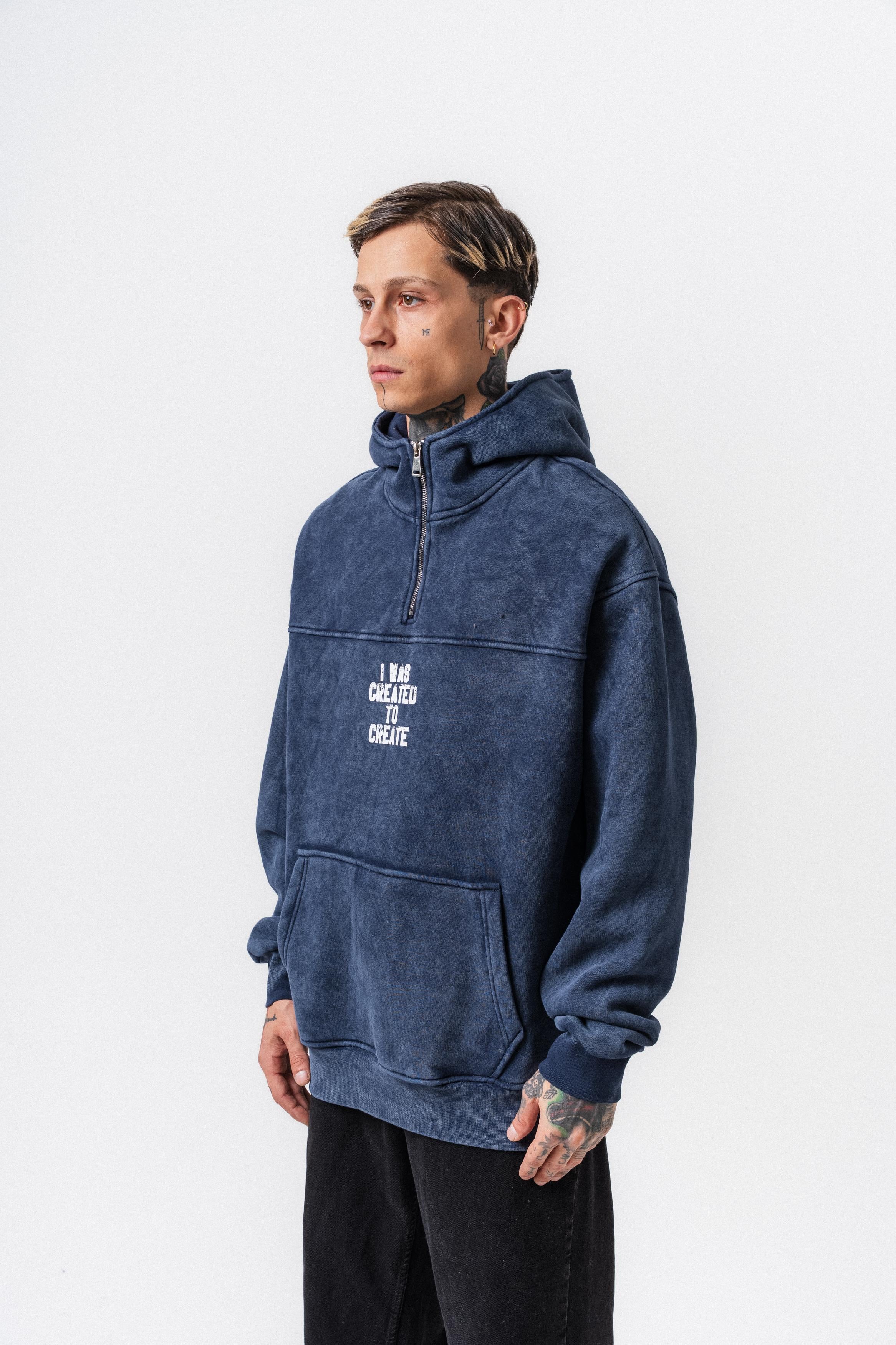Erkek Create Baskılı Kapüşonlu Oversize Hoodie Lacivert