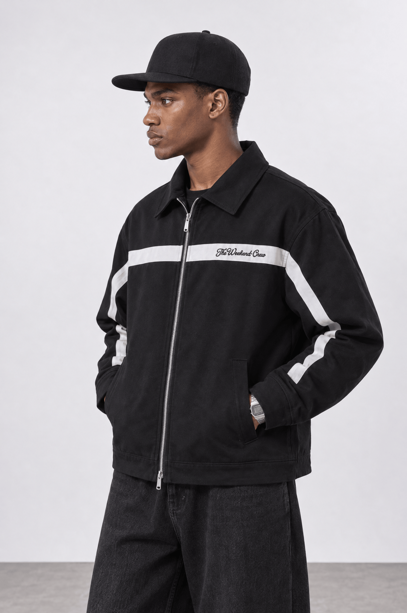Erkek Crew Nakış Detaylı Oversize Ceket Siyah