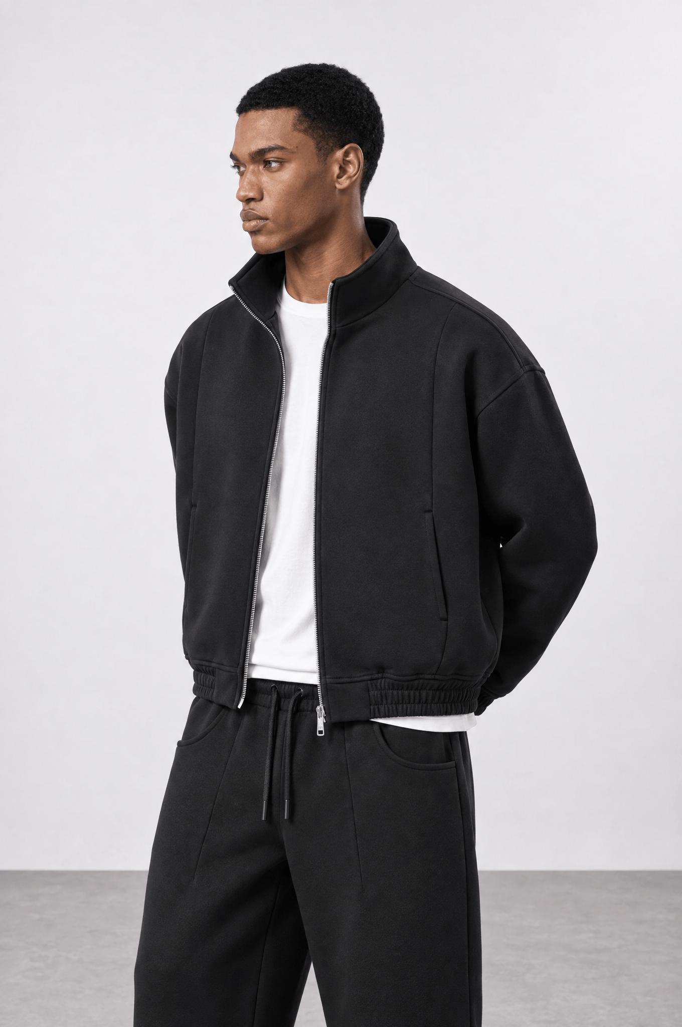 Erkek Crop Fit Panda Oversize Zip Siyah