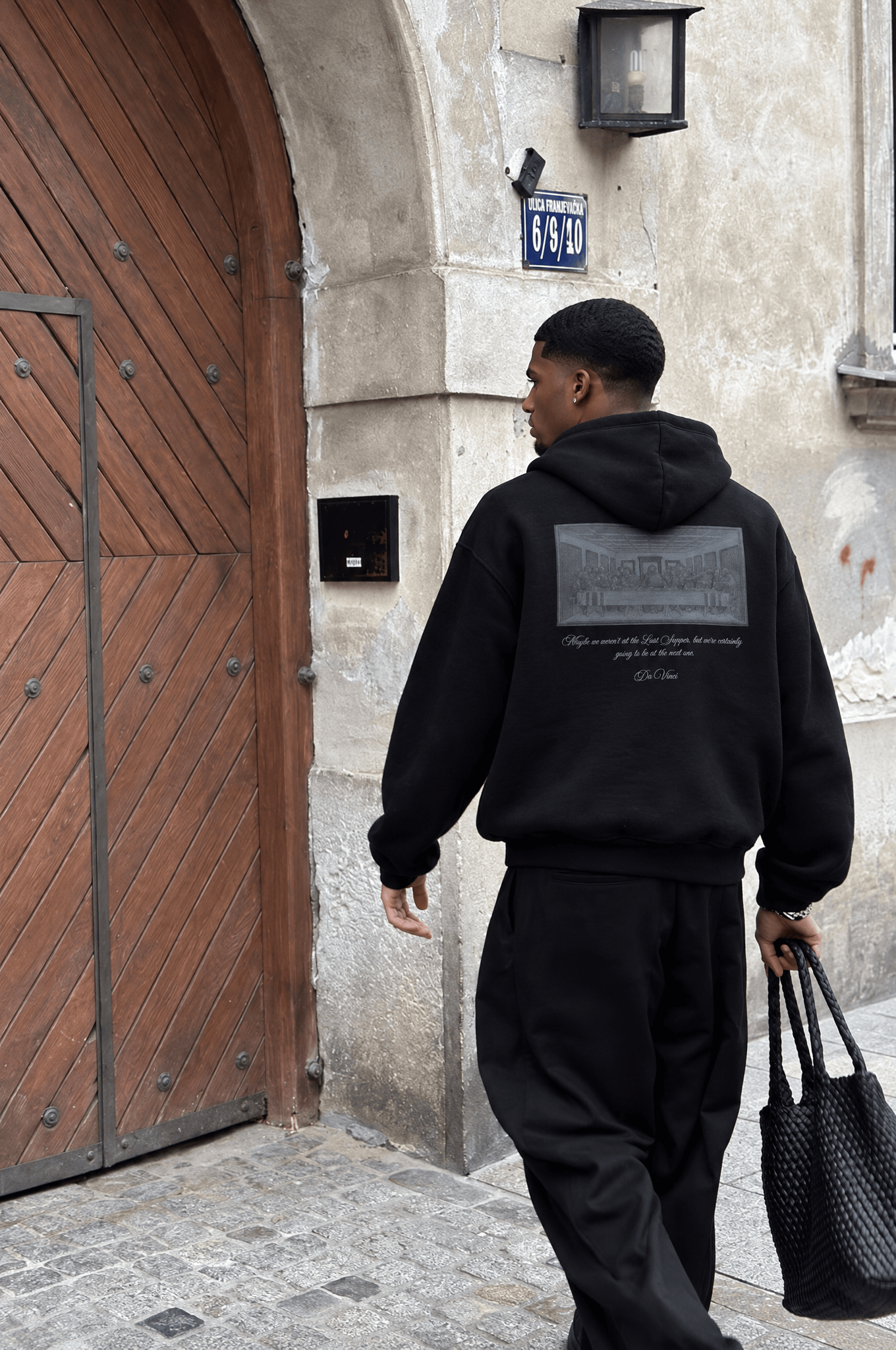 Erkek Da Vinci Baskı Detaylı Oversize Hoodie Siyah