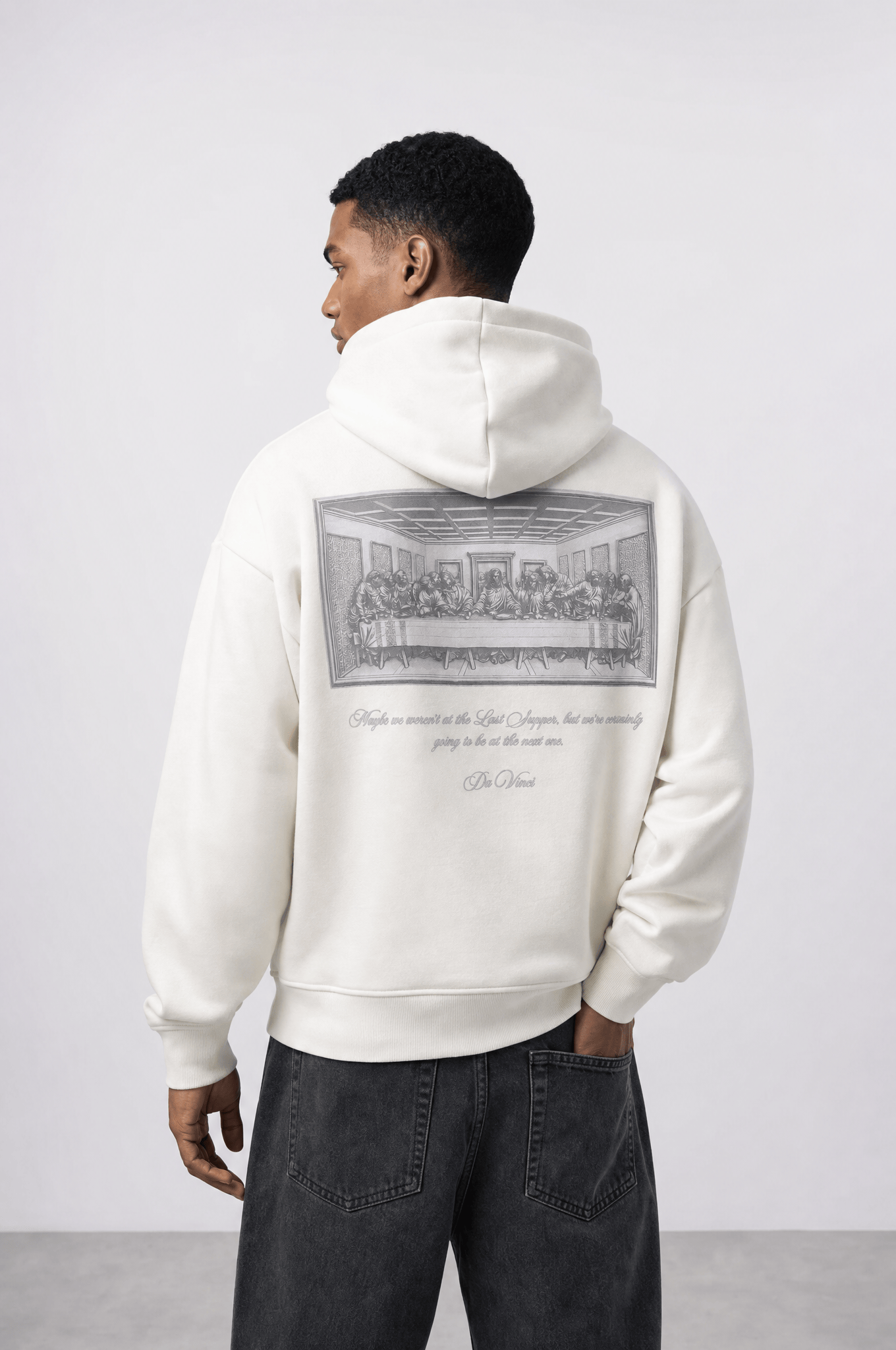 Erkek Da Vinci Baskı Detaylı Oversize Hoodie Ekru