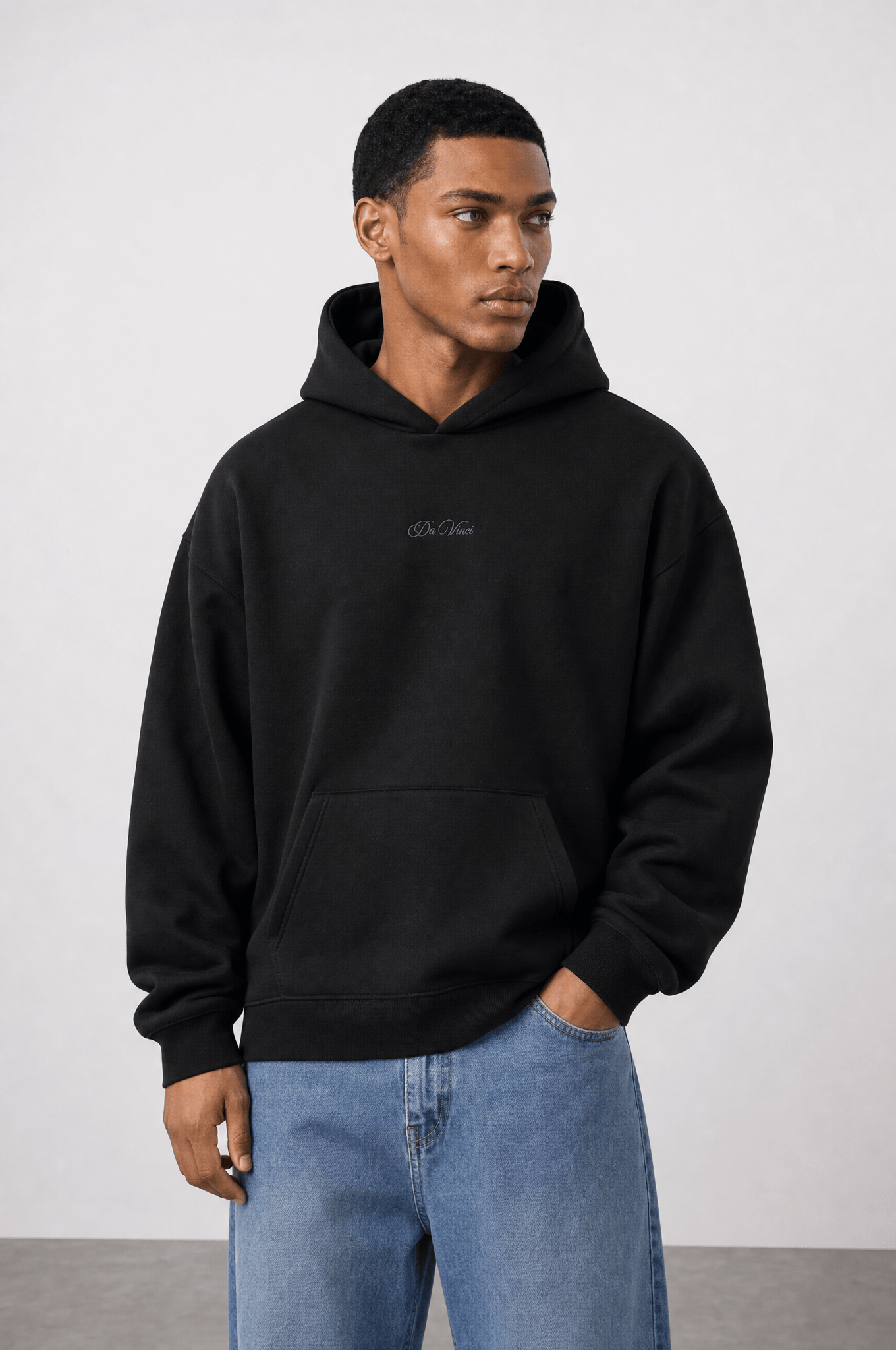 Erkek Da Vinci Baskı Detaylı Oversize Hoodie Siyah