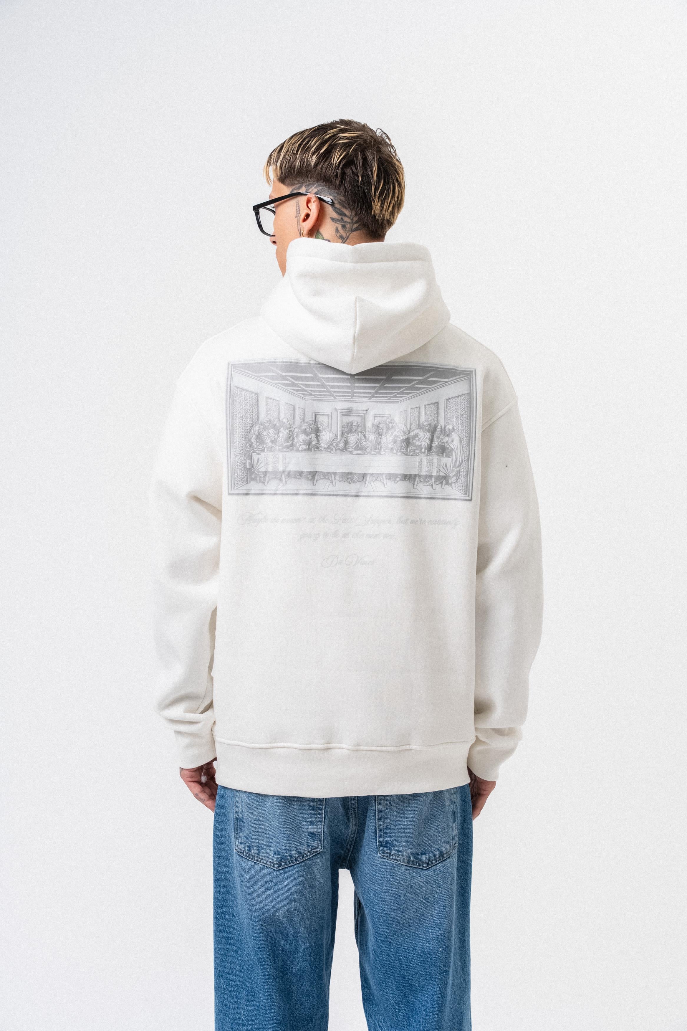 Erkek Da Vinci Baskılı Kapüşonlu Oversize Hoodie Ekru