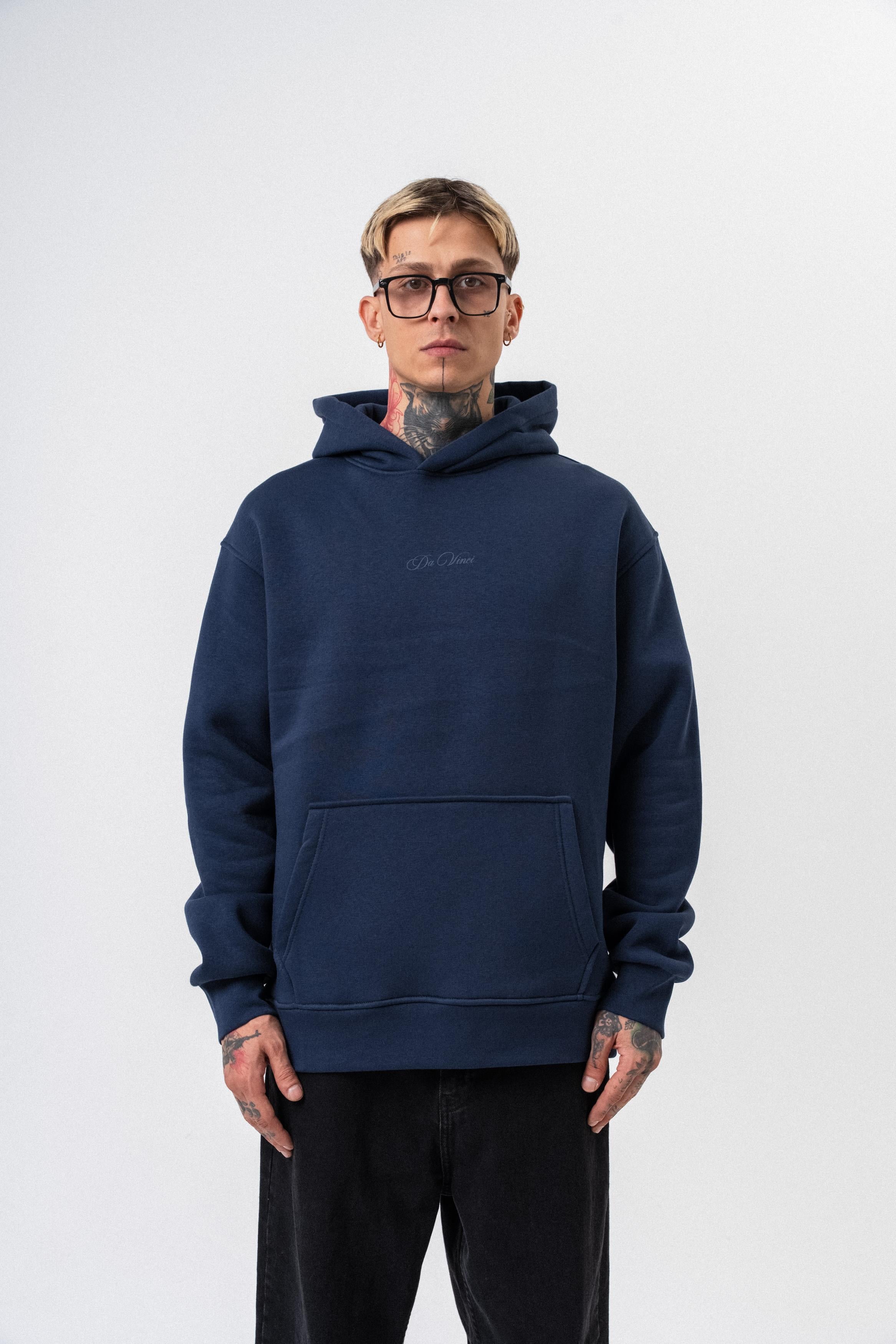 Erkek Da Vinci Baskılı Kapüşonlu Oversize Hoodie Lacivert