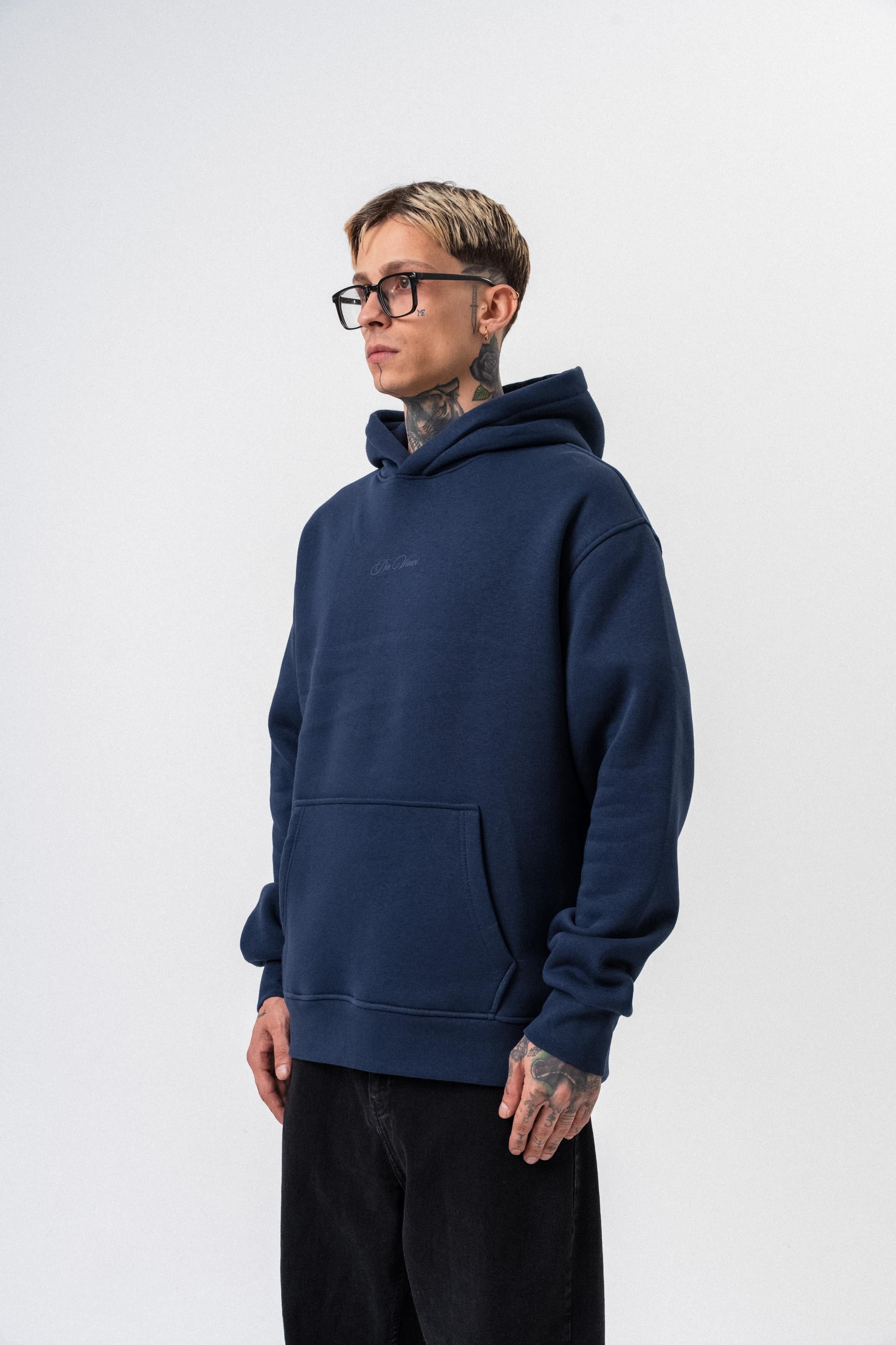 Erkek Da Vinci Baskılı Kapüşonlu Oversize Hoodie Lacivert