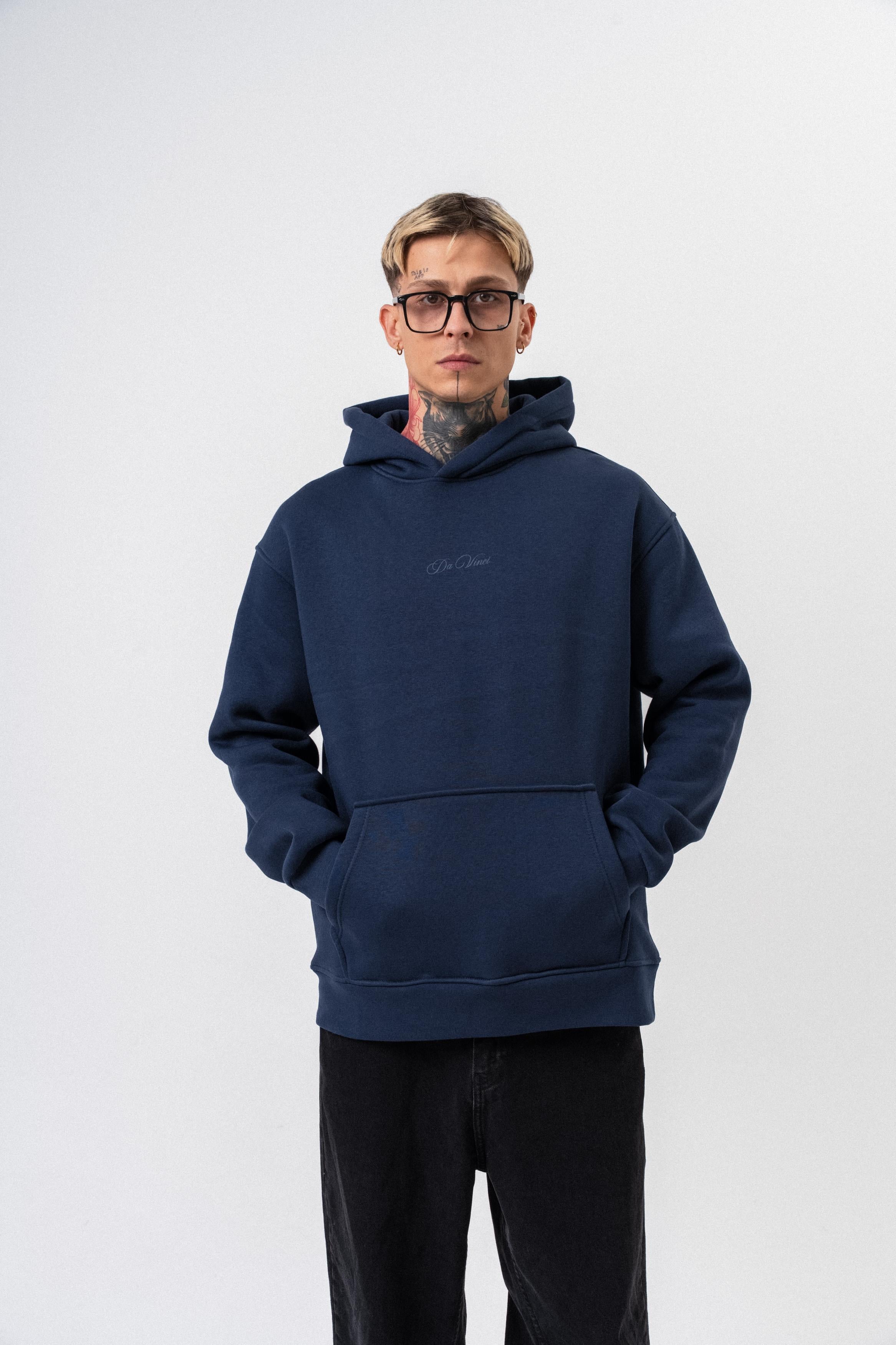 Erkek Da Vinci Baskılı Kapüşonlu Oversize Hoodie Lacivert