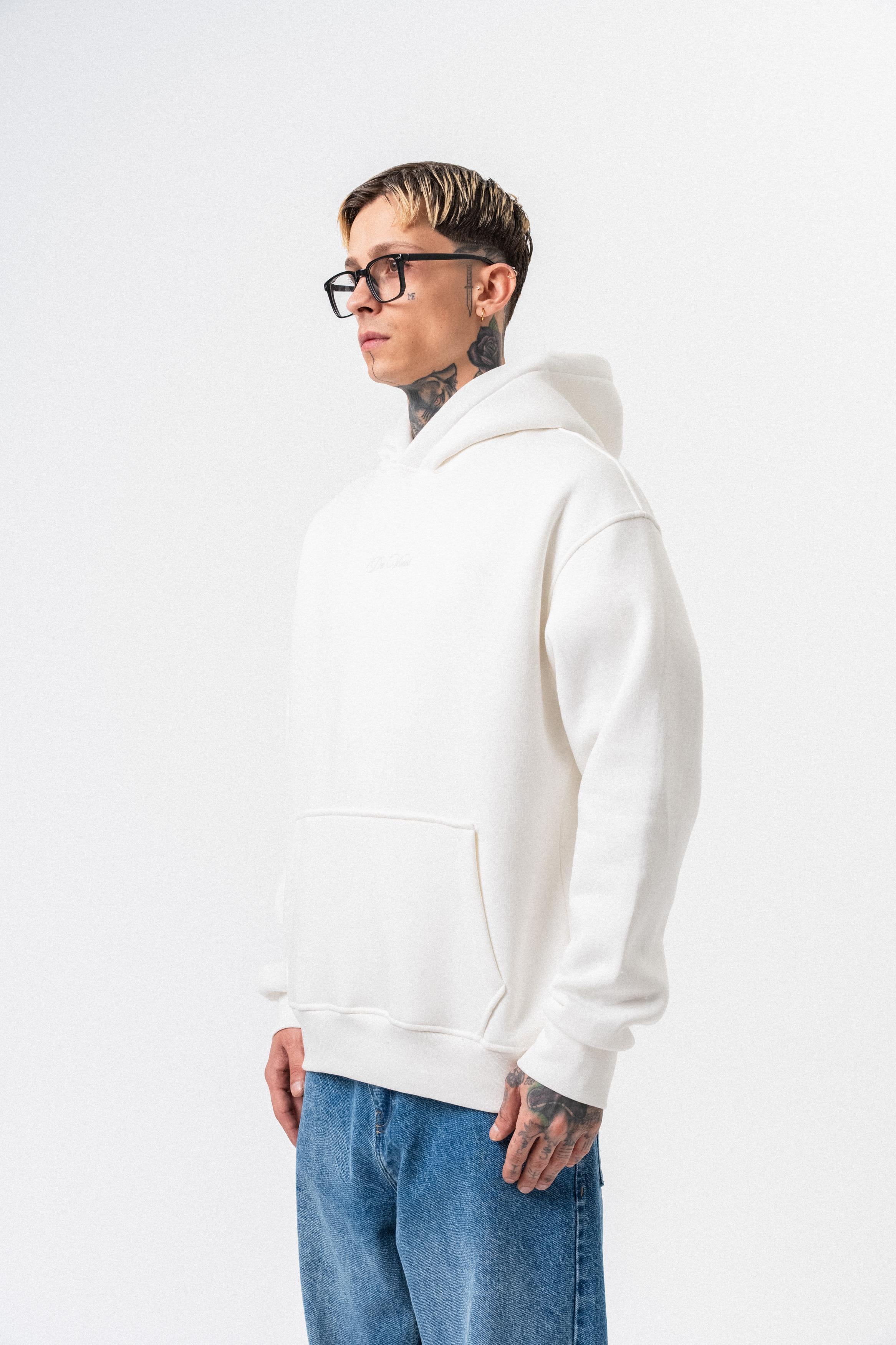 Erkek Da Vinci Baskılı Kapüşonlu Oversize Hoodie Ekru