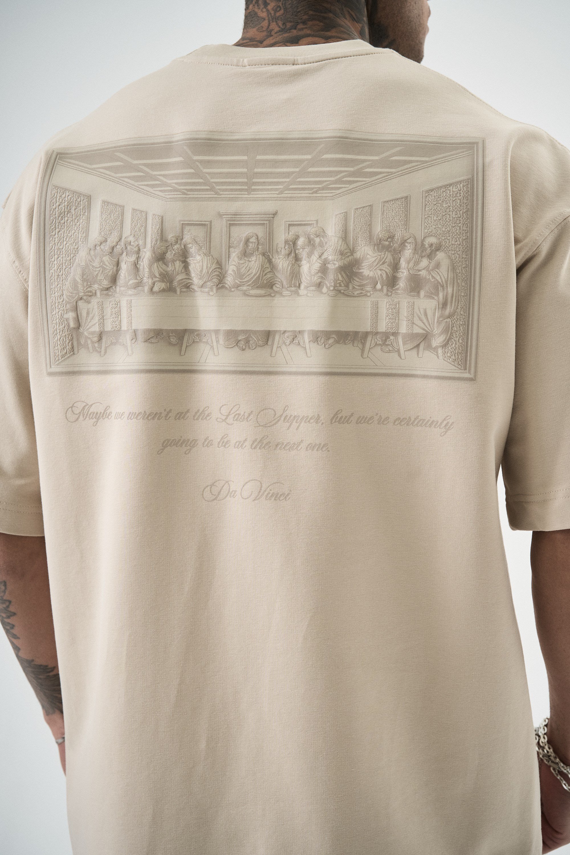 Erkek Da Vinci Baskılı Oversize T-Shirt Bej