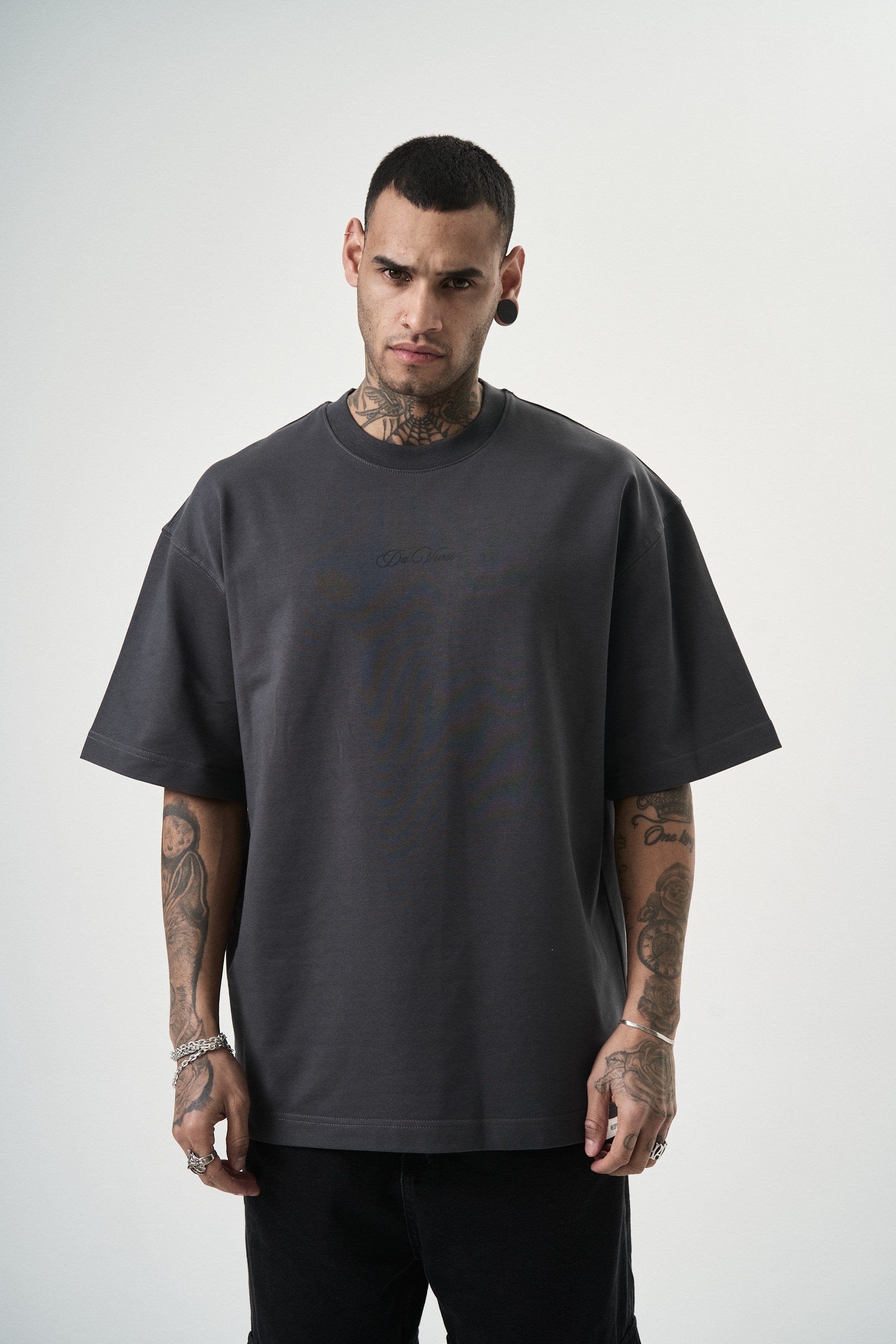 Erkek Da Vinci Baskılı Oversize T-Shirt Füme