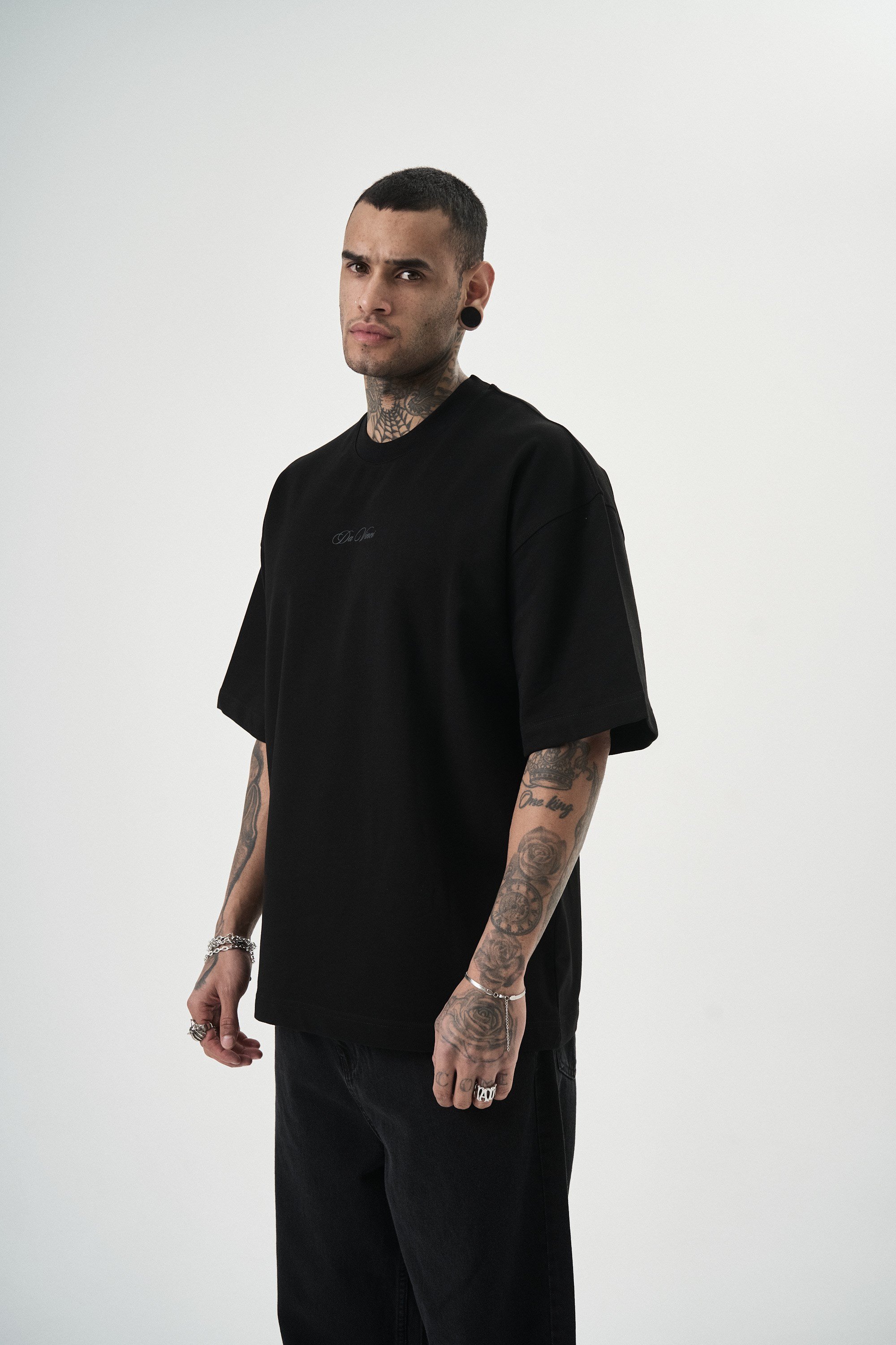 Erkek Da Vinci Baskılı Oversize T-Shirt Siyah