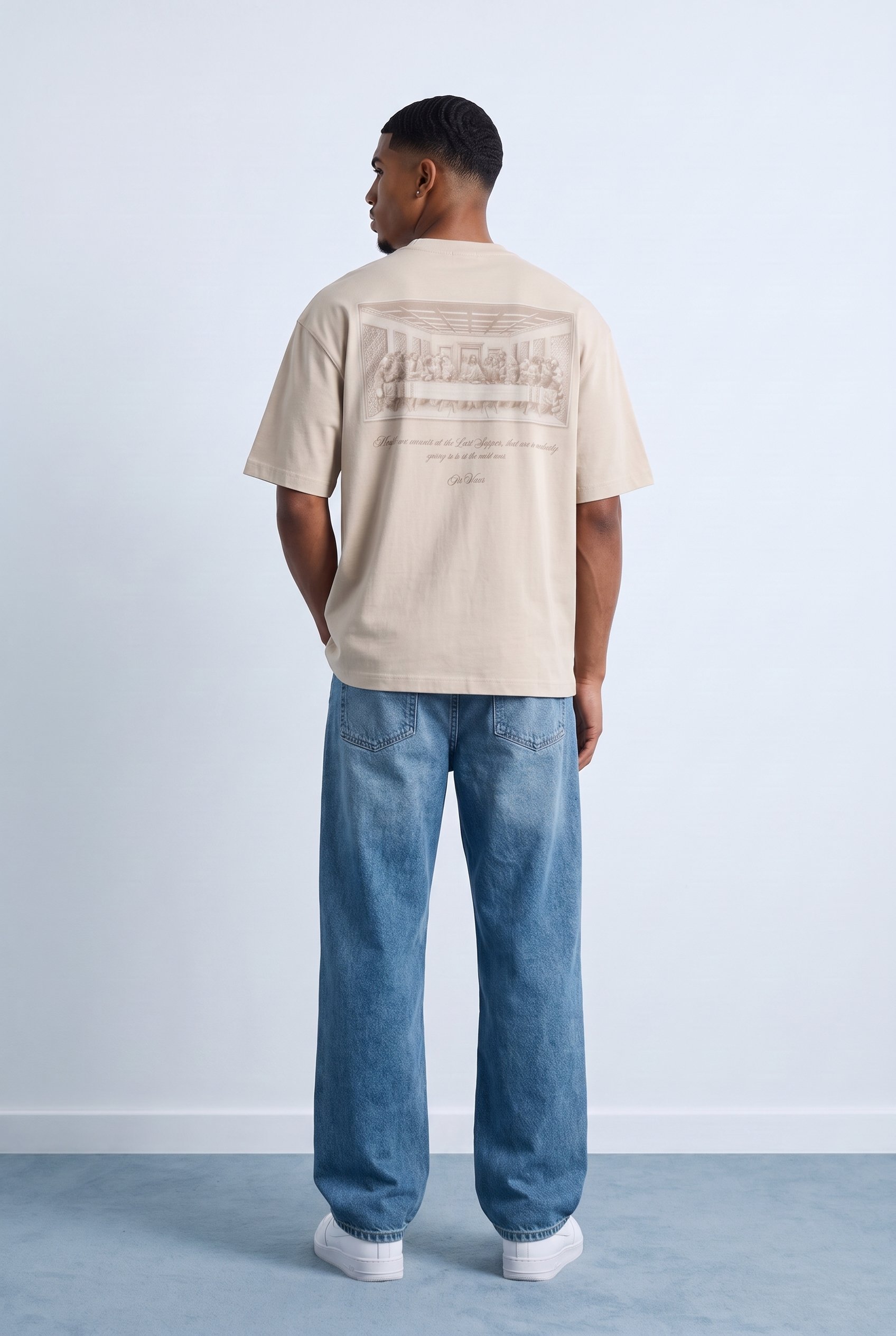 Erkek Da Vinci The Last Supper Baskılı Oversize T-Shirt Bej