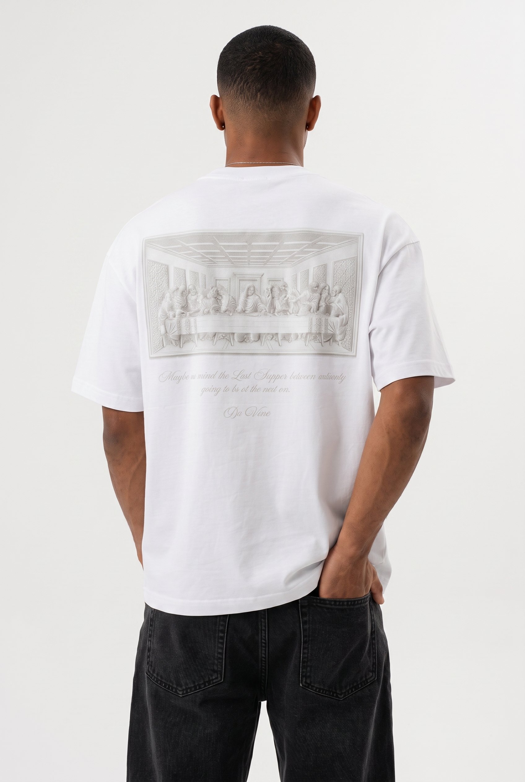 Erkek Da Vinci The Last Supper Baskılı Oversize T-Shirt Beyaz