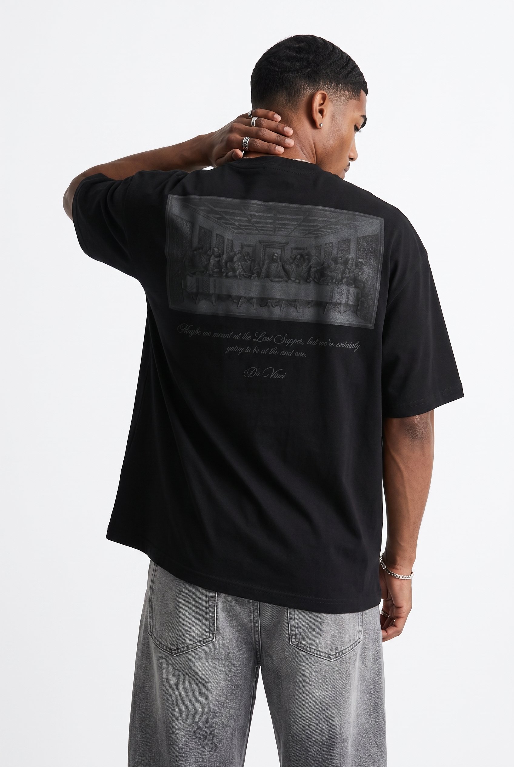 Erkek Da Vinci The Last Supper Baskılı Oversize T-Shirt Siyah