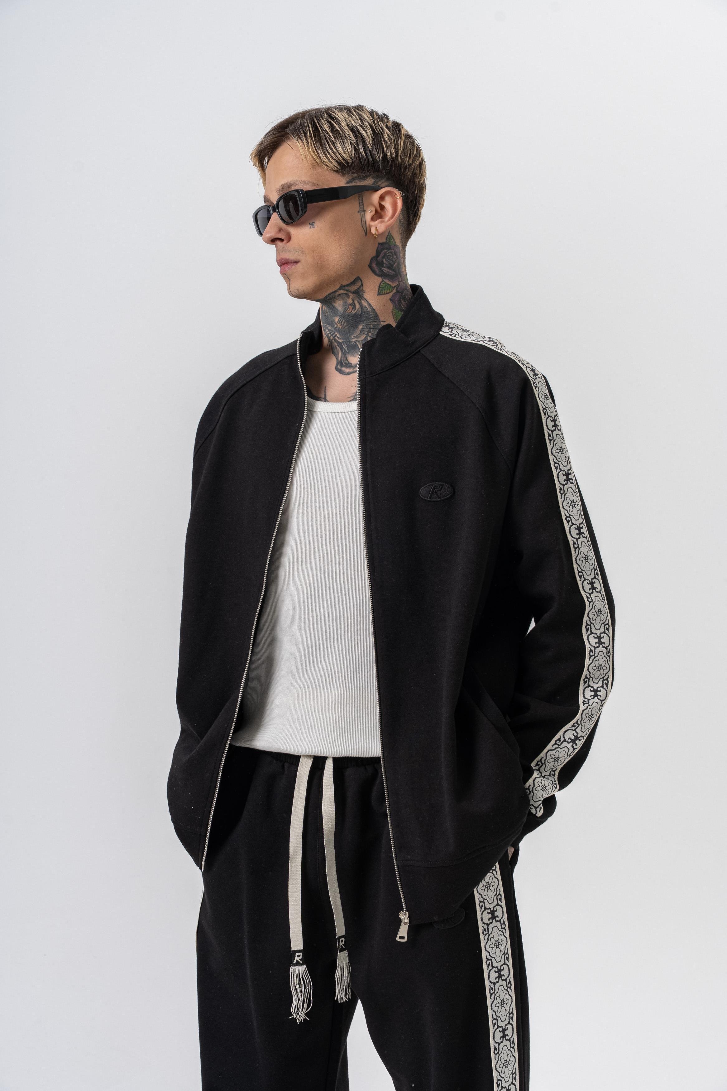 Erkek Damask Şerit Detaylı Dik Yaka Doubleface Zip Oversize Sweatshirt Siyah