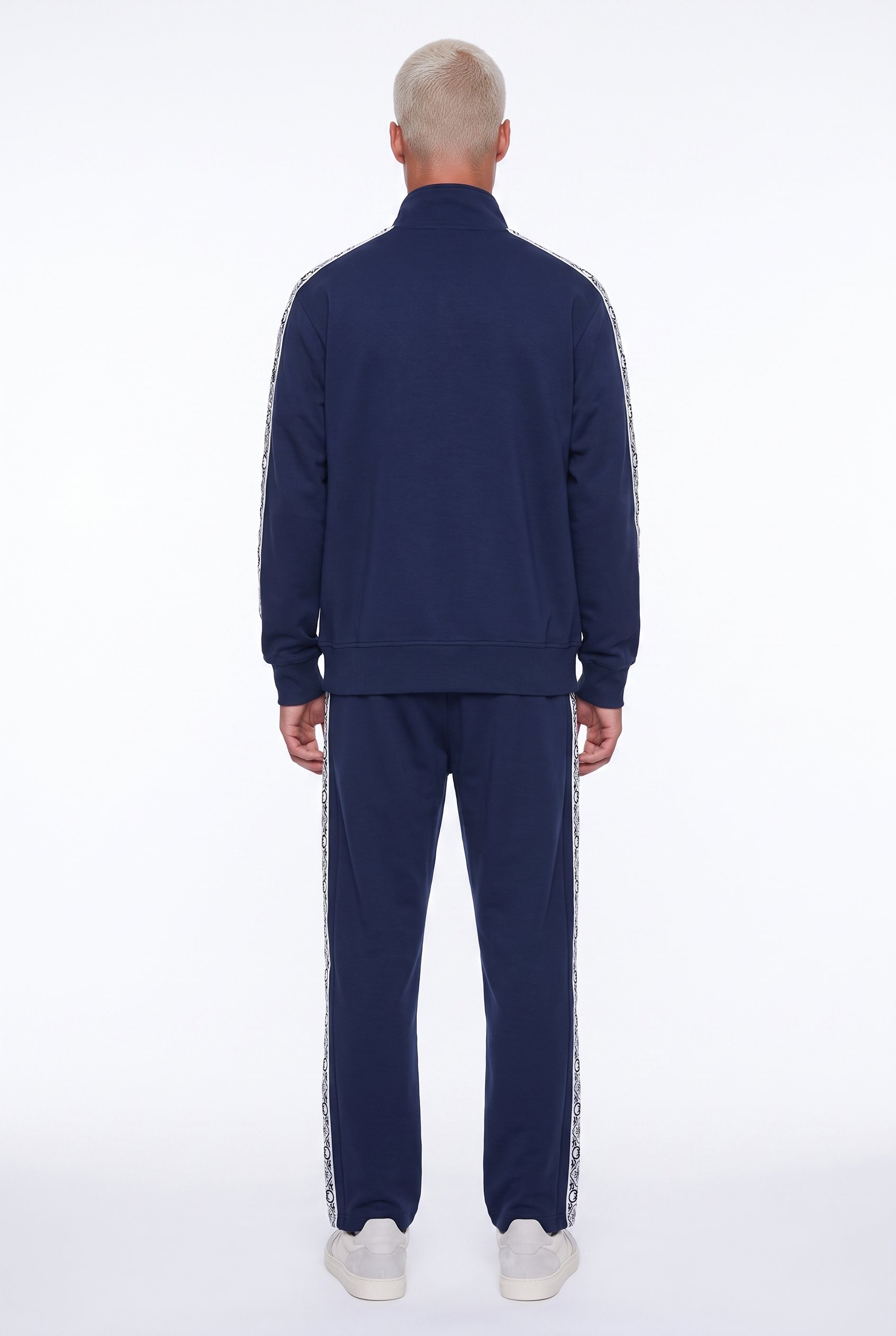 Erkek Damask Şerit Detaylı Dik Yaka Doubleface Zip Oversize Sweatshirt Lacivert
