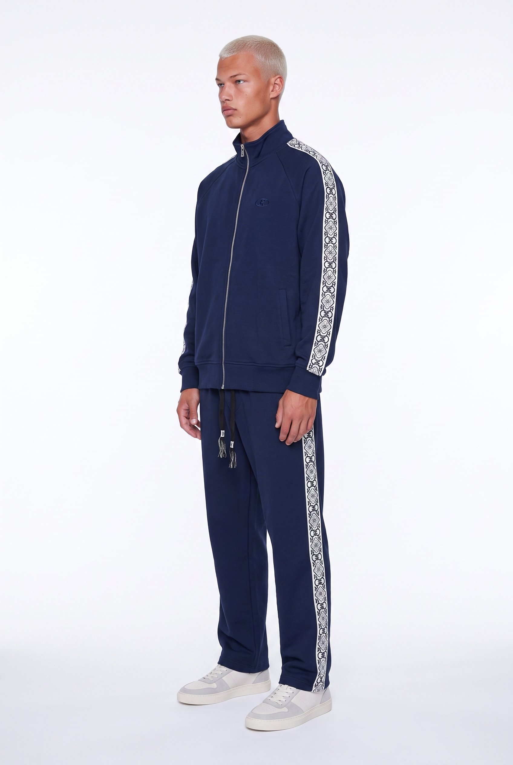 Erkek Damask Şerit Detaylı Dik Yaka Doubleface Zip Oversize Sweatshirt Lacivert