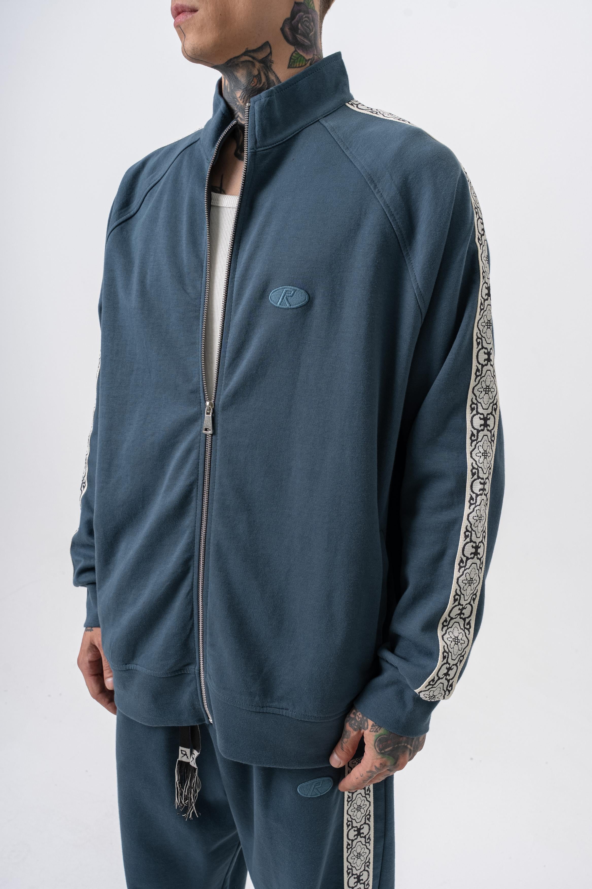 Erkek Damask Şerit Detaylı Dik Yaka Doubleface Zip Oversize Sweatshirt Petrol