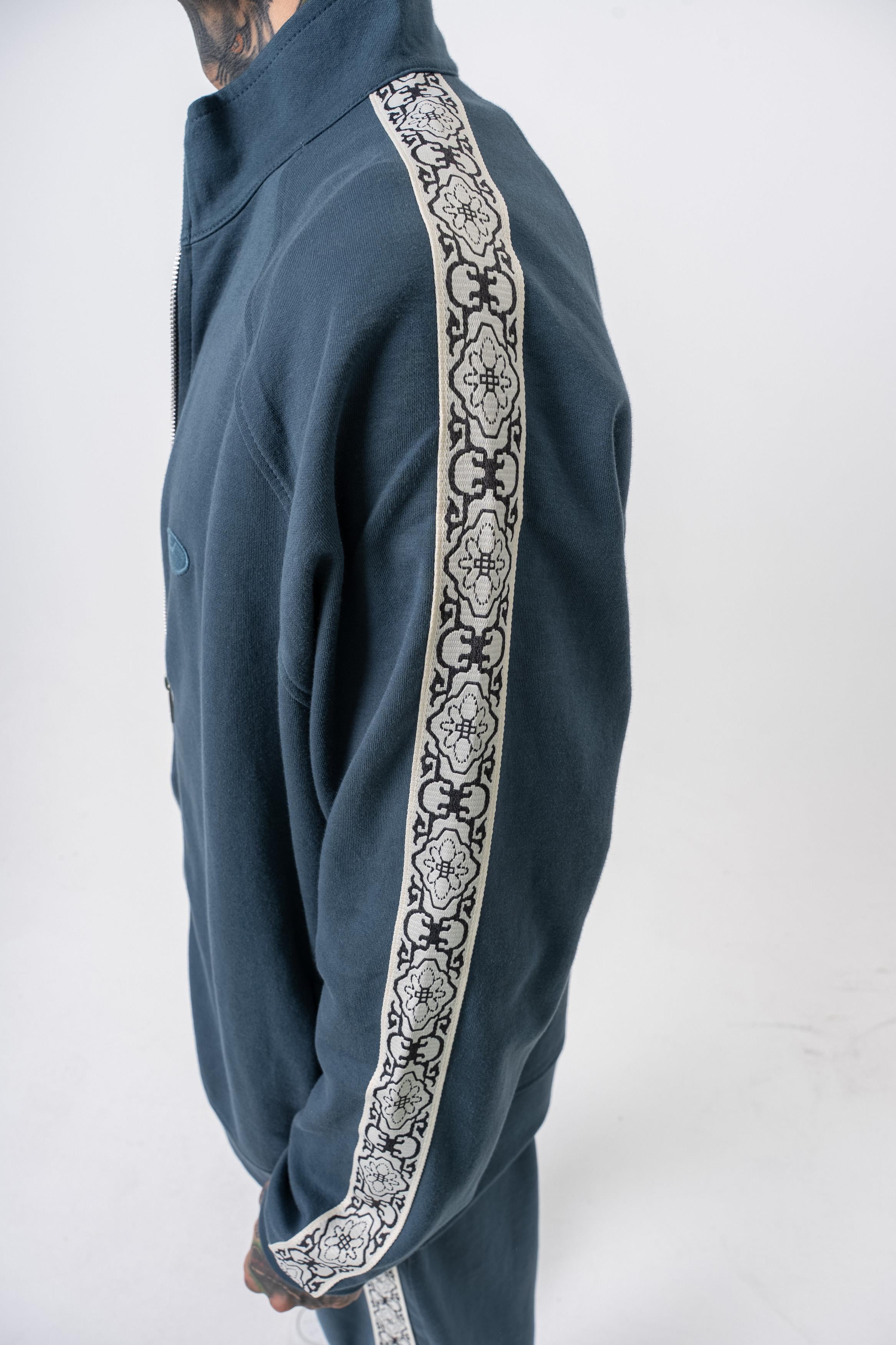 Erkek Damask Şerit Detaylı Dik Yaka Doubleface Zip Oversize Sweatshirt Petrol