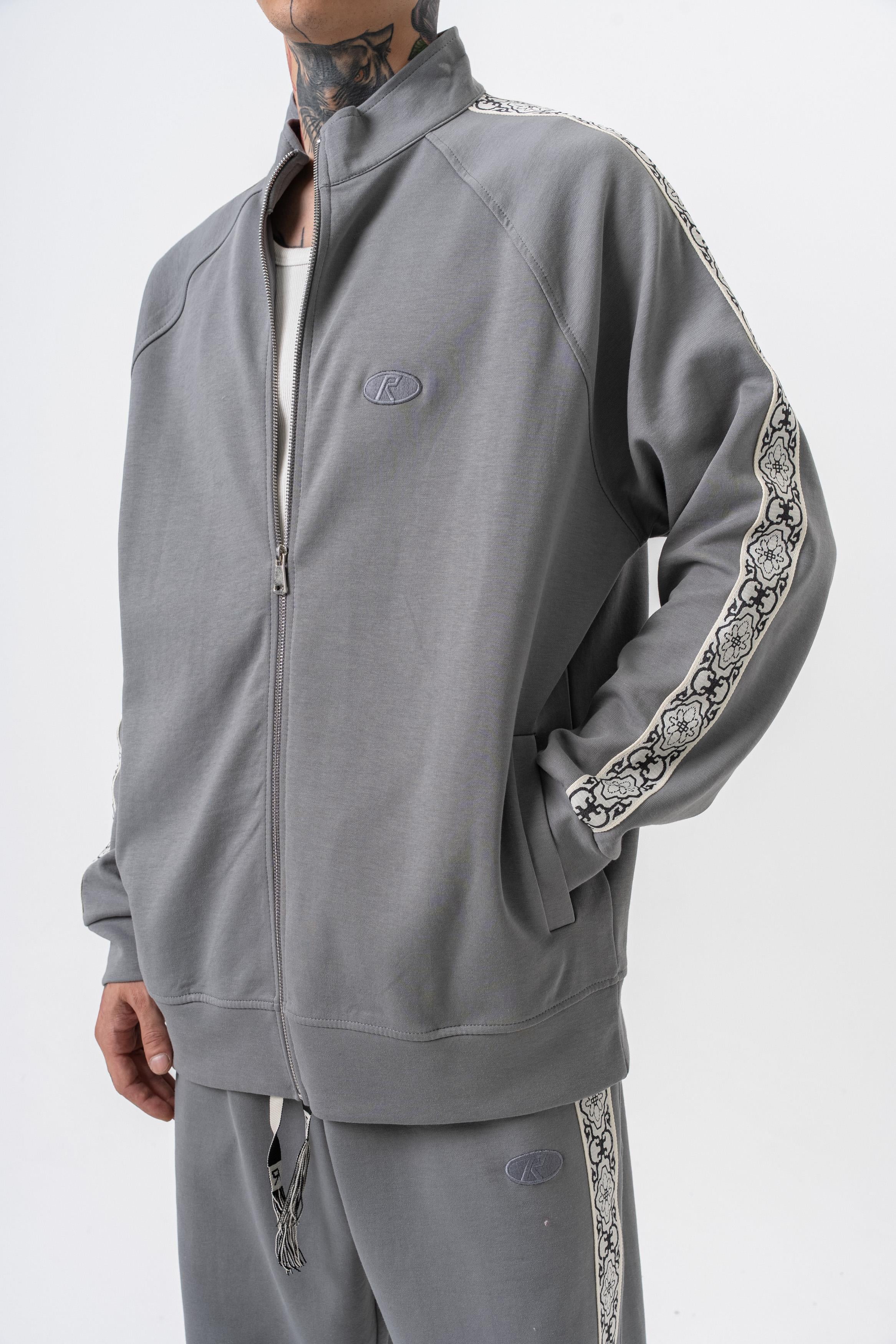 Erkek Damask Şerit Detaylı Dik Yaka Doubleface Zip Oversize Sweatshirt Füme