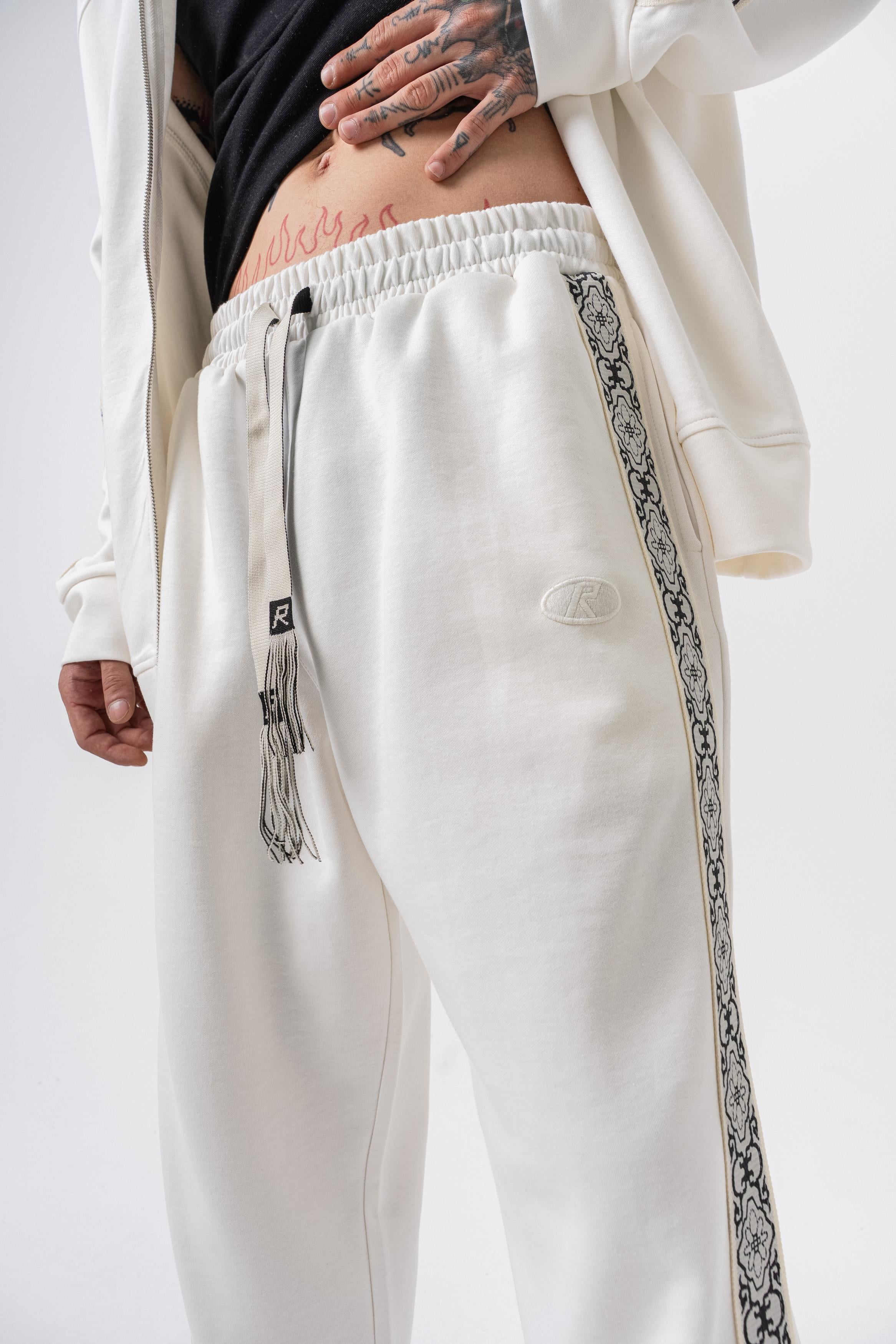 Erkek Damask Şerit Detaylı Kışlık Doubleface Baggy Eşofman Altı Ekru