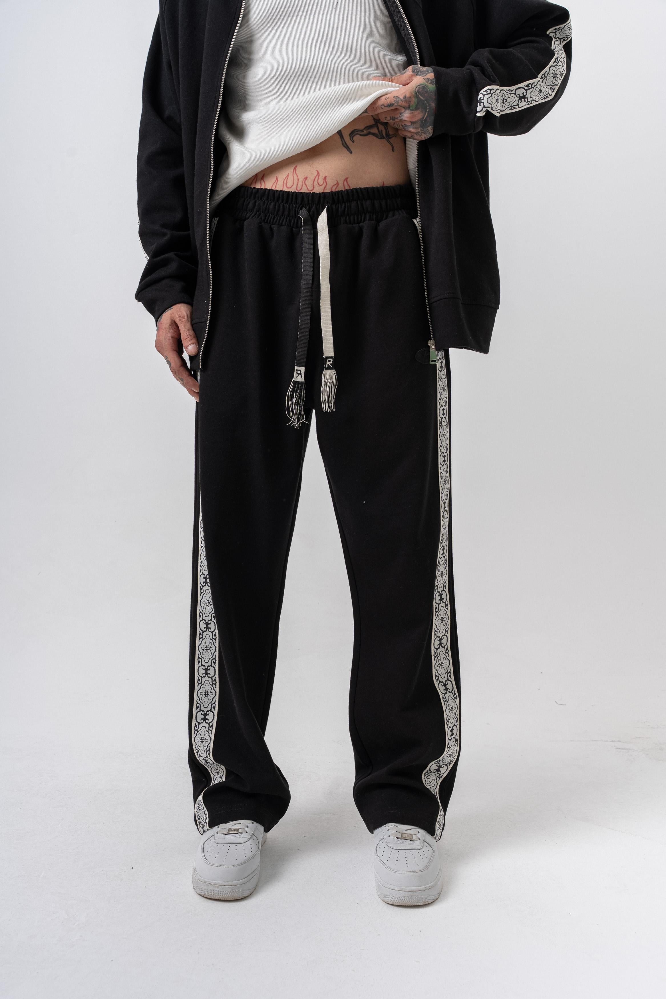 Erkek Damask Şerit Detaylı Kışlık Doubleface Baggy Eşofman Altı Siyah