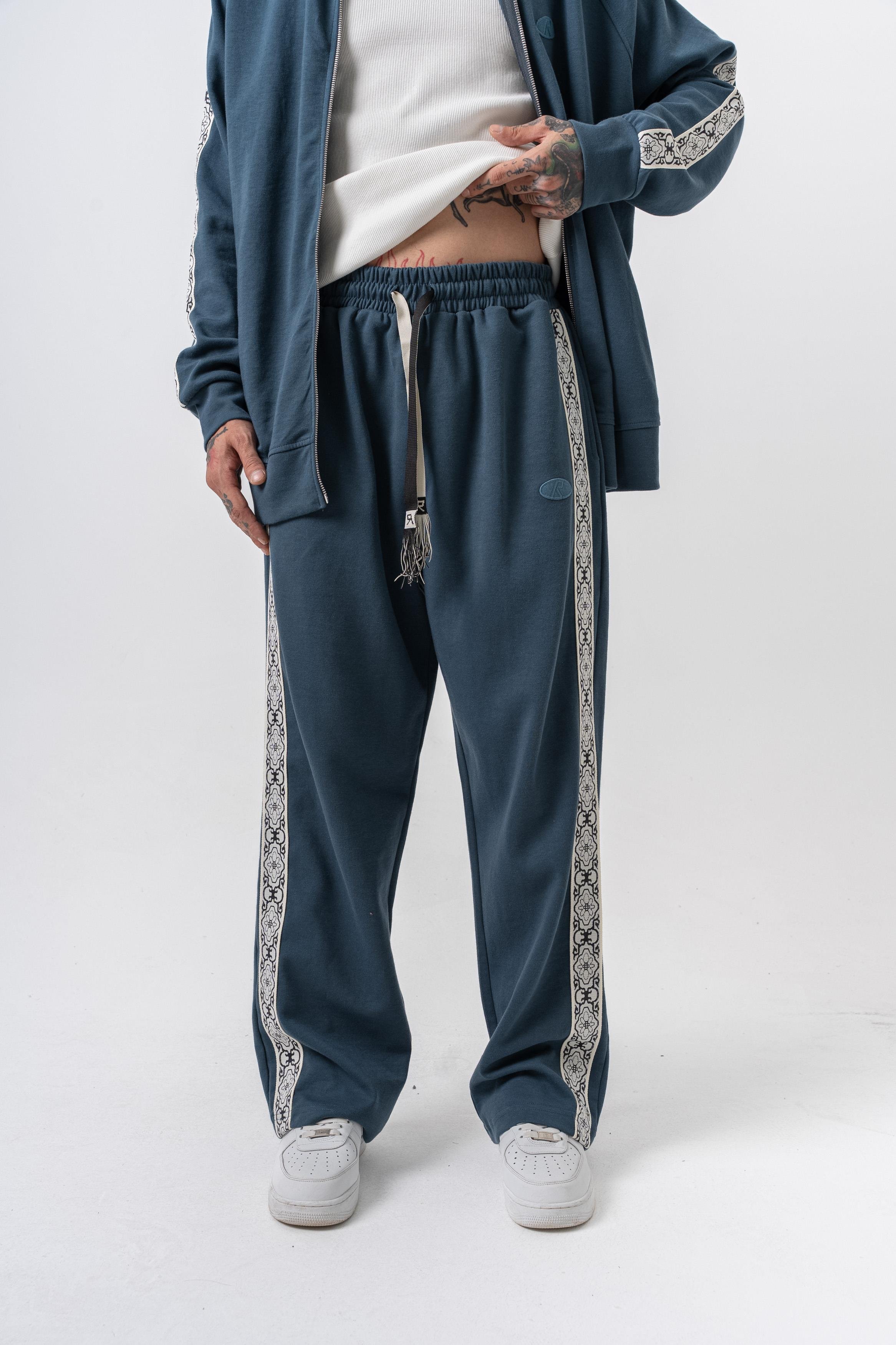 Erkek Damask Şerit Detaylı Kışlık Doubleface Baggy Eşofman Altı Petrol