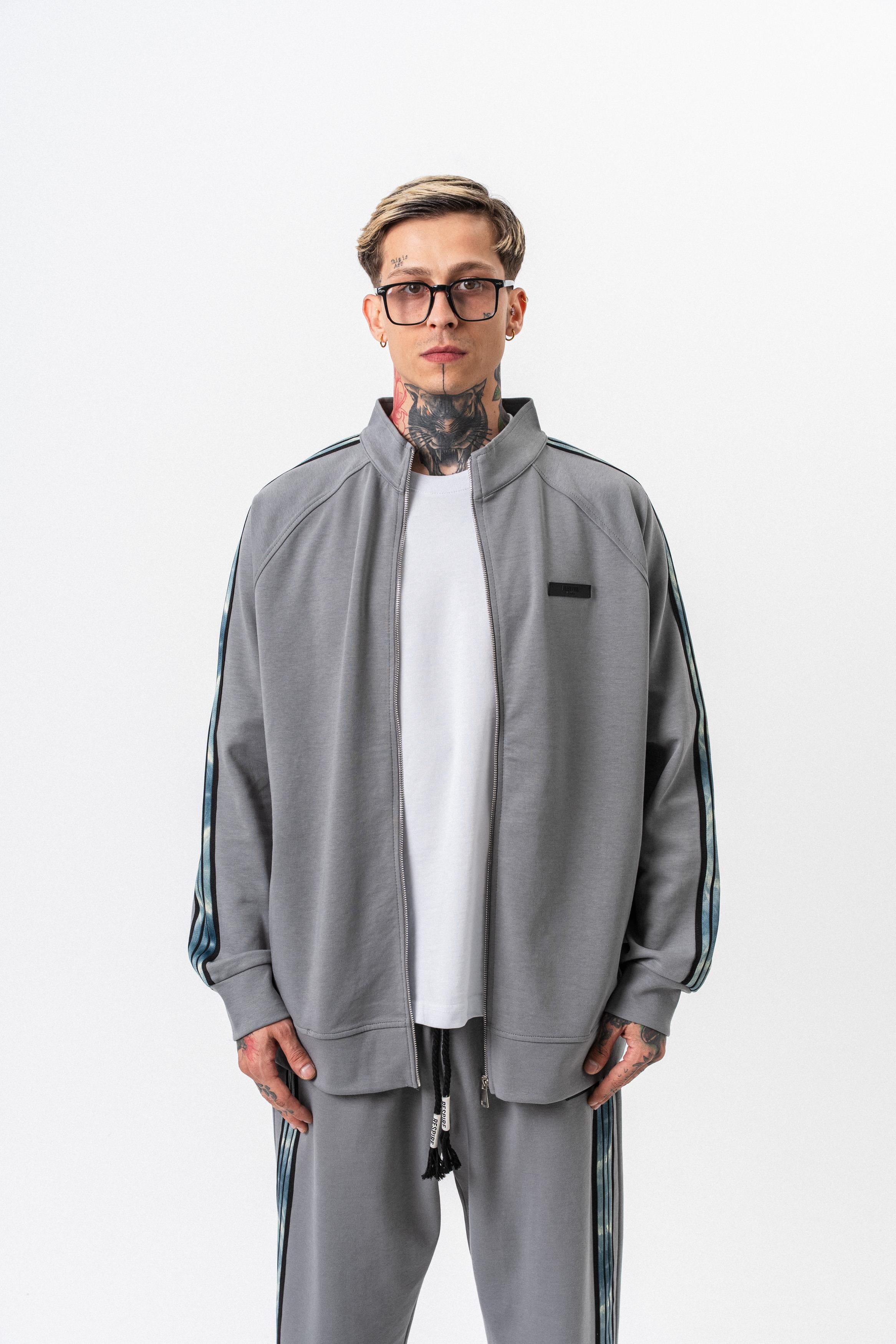 Erkek Dark Striped Şerit Detaylı Dik Yaka Doubleface Zip Oversize Sweatshirt Füme