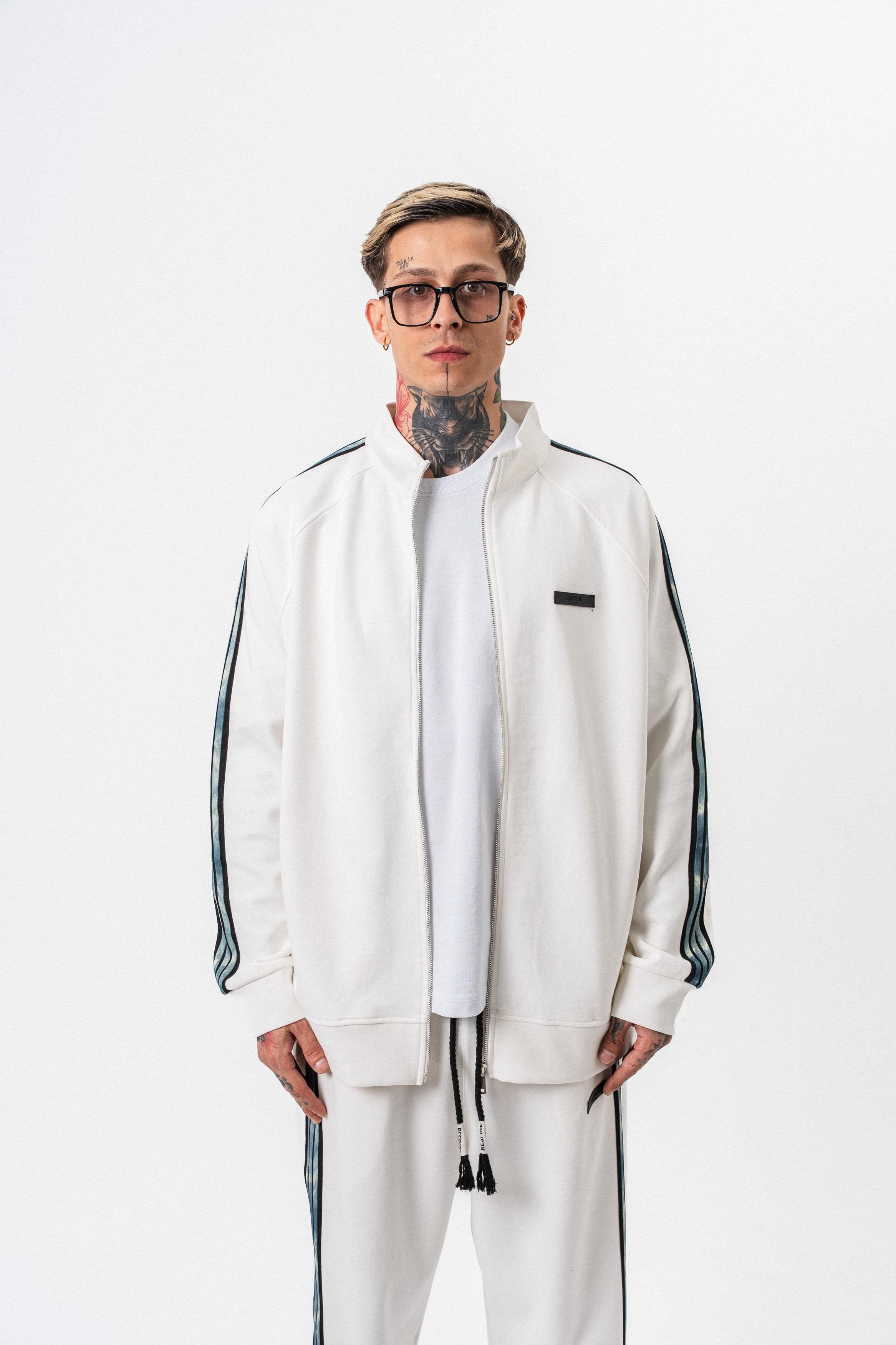 Erkek Dark Striped Şerit Detaylı Dik Yaka Doubleface Zip Oversize Sweatshirt Ekru